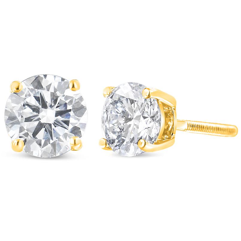 A classic pair of solitaire diamonds earrings, each with a single round brilliant cut diamond set in a 4 prong, 14 karat yellow gold basket. These AGS certified earrings have friction posts and push backs at the 1.0 carat total weight, and screw