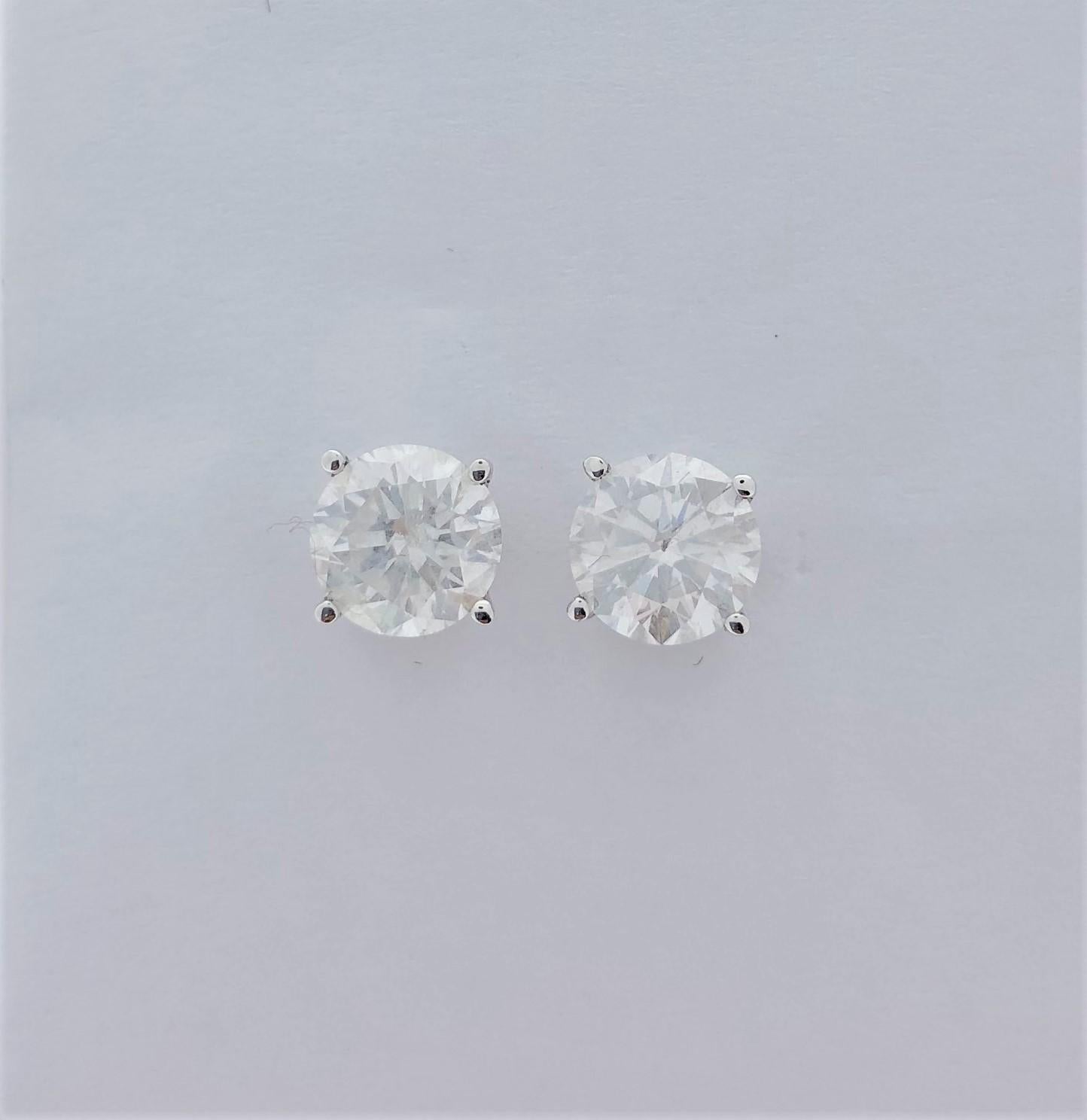 Round Cut AGS Certified 2.06 Carat Total Diamond Stud Earrings in 14 Karat White Gold