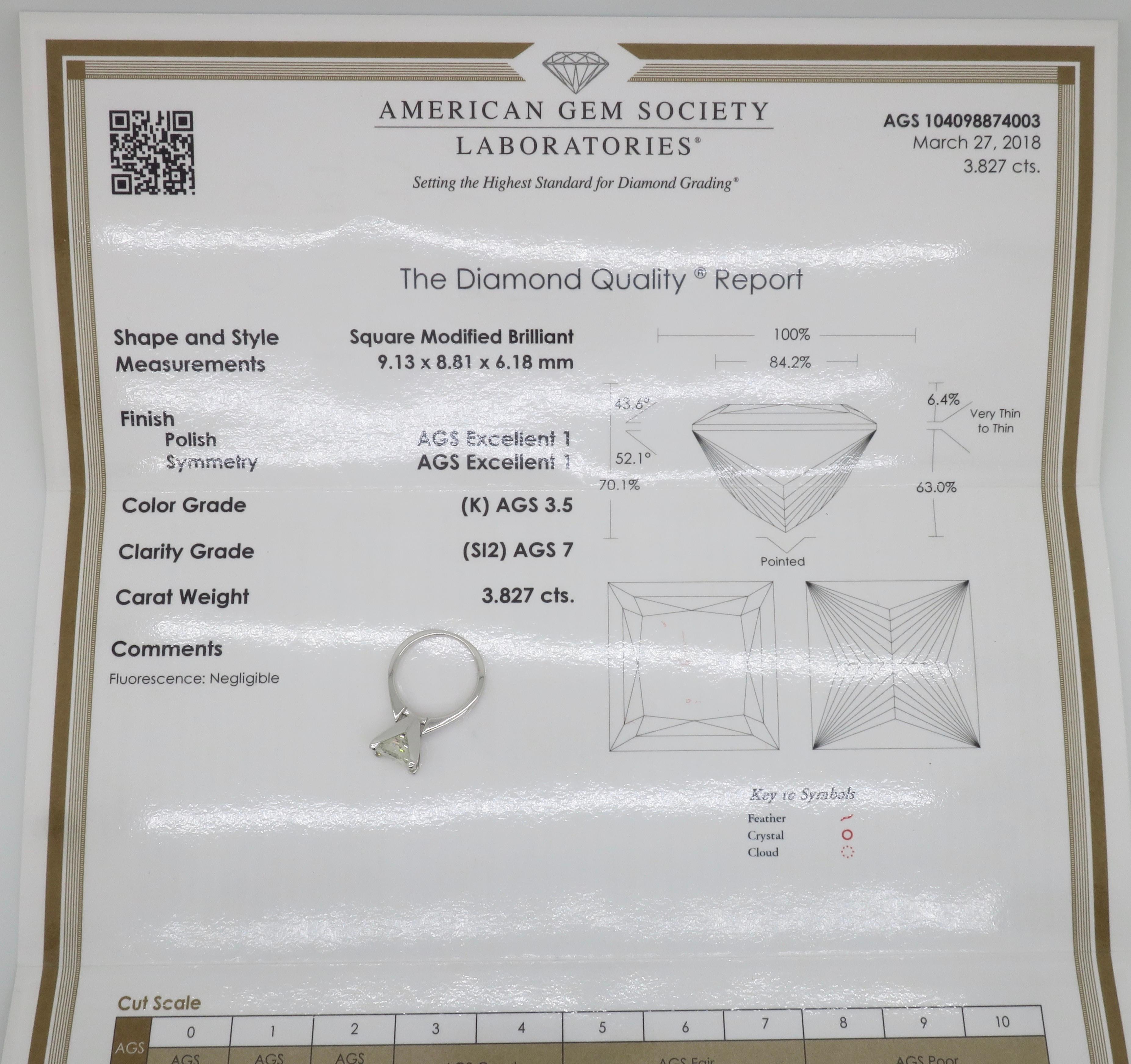 AGS Certified 3.82CT Princess Cut Diamond Solitaire Ring 7
