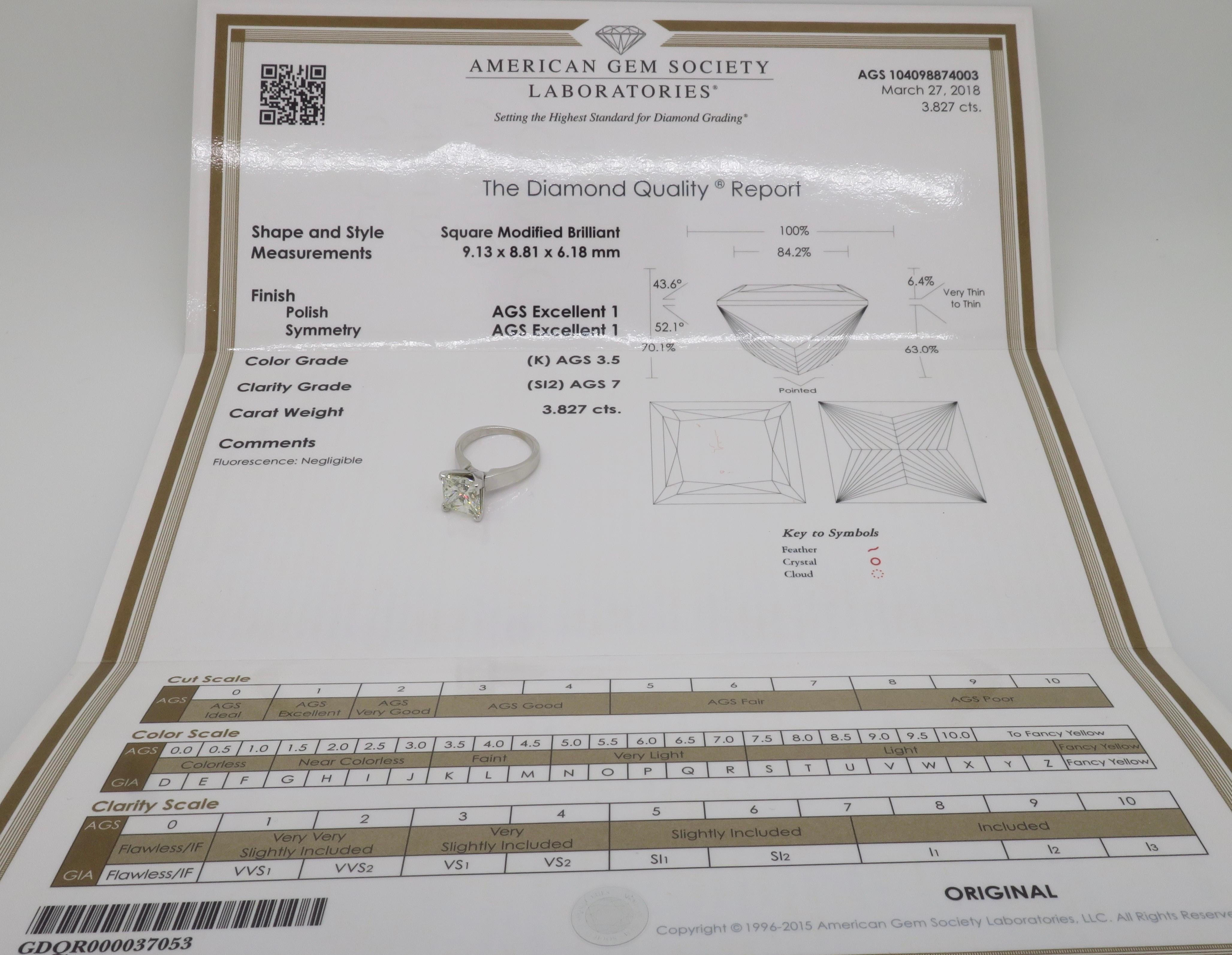 AGS Certified 3.82CT Princess Cut Diamond Solitaire Ring 8