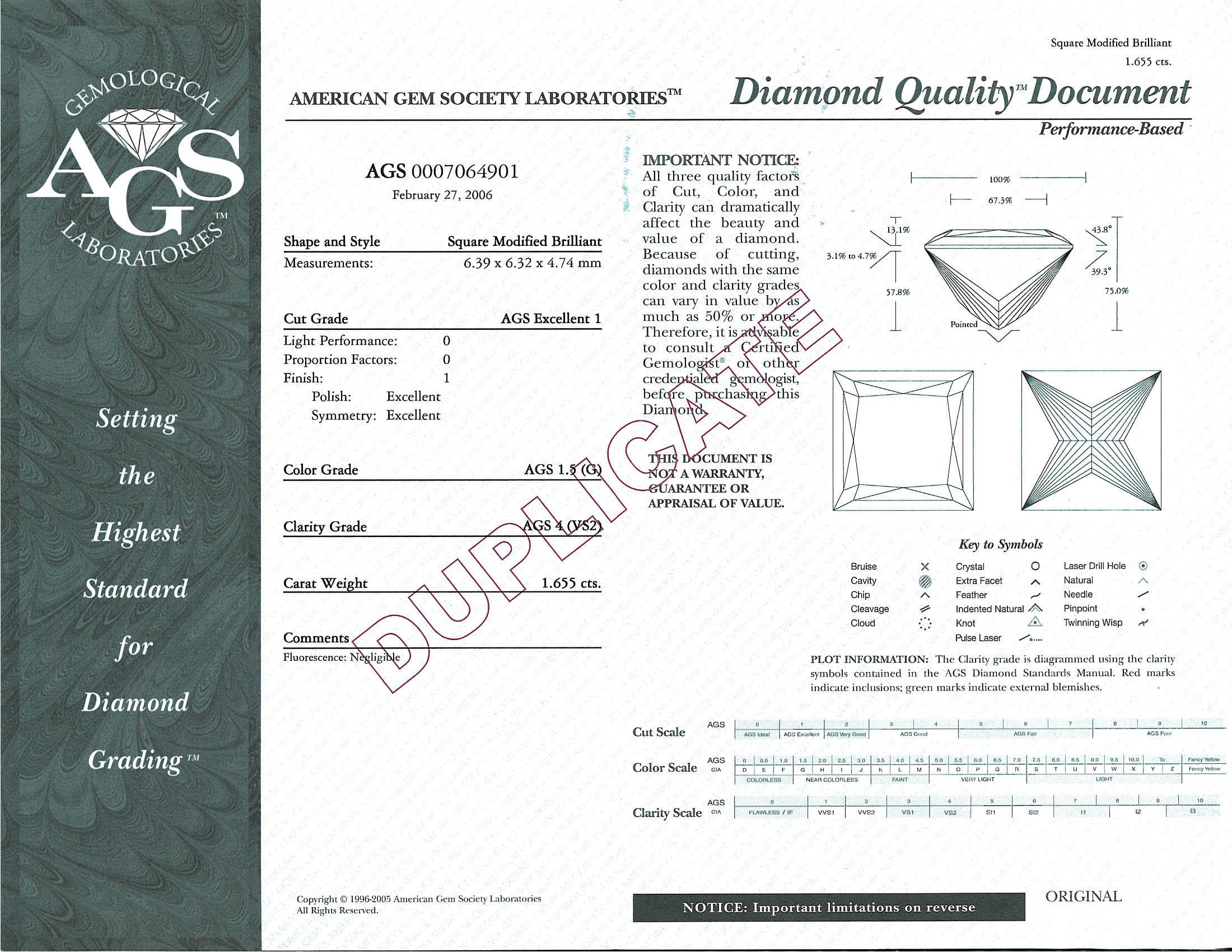 Women's AGS Certified Princess Diamond Engagement Ring in Platinum G Vs2, 2.37 Carat