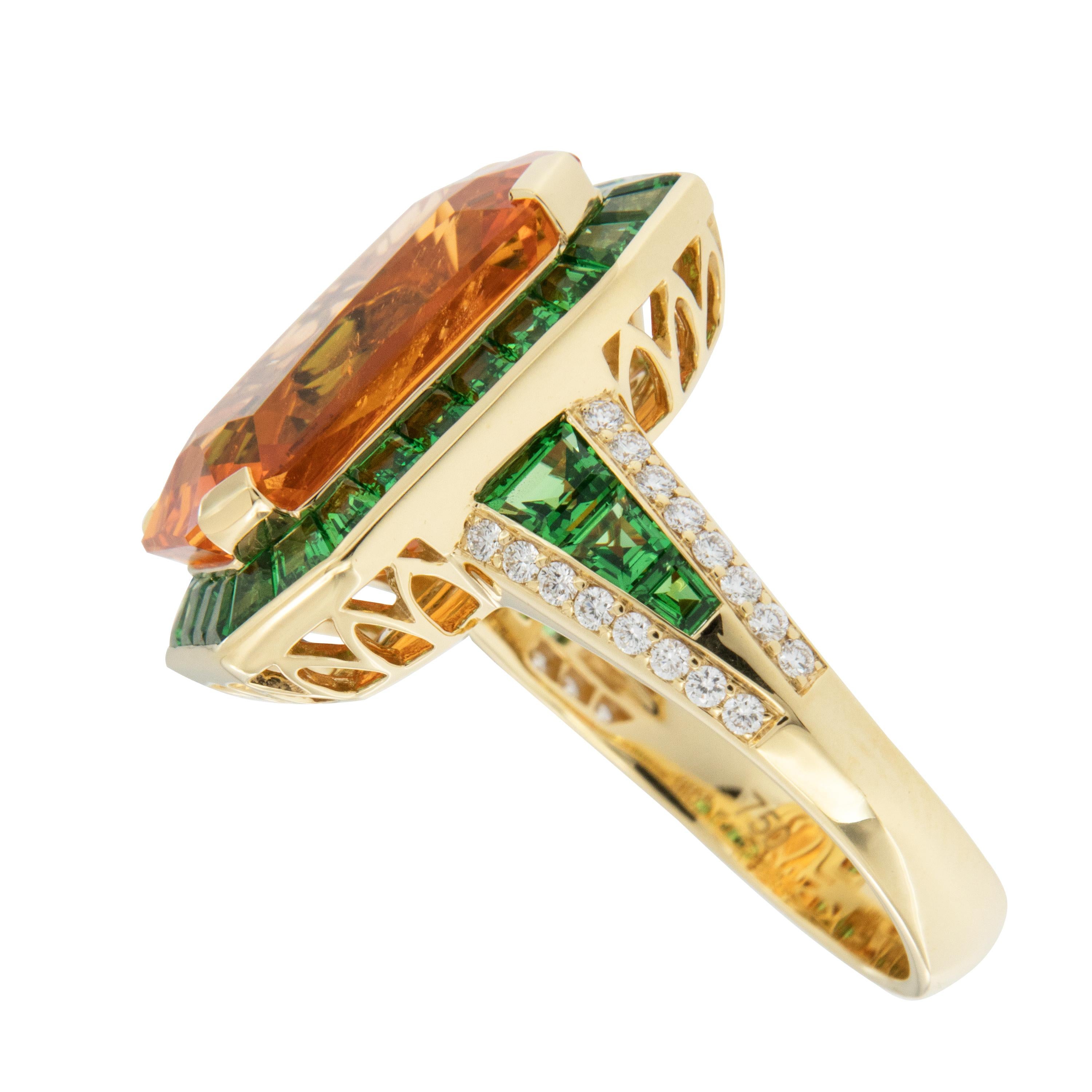 Art Deco AGTA Spectrum Award Entrant 18KYG Spessartine Garnet Tsavorite and Diamond Ring