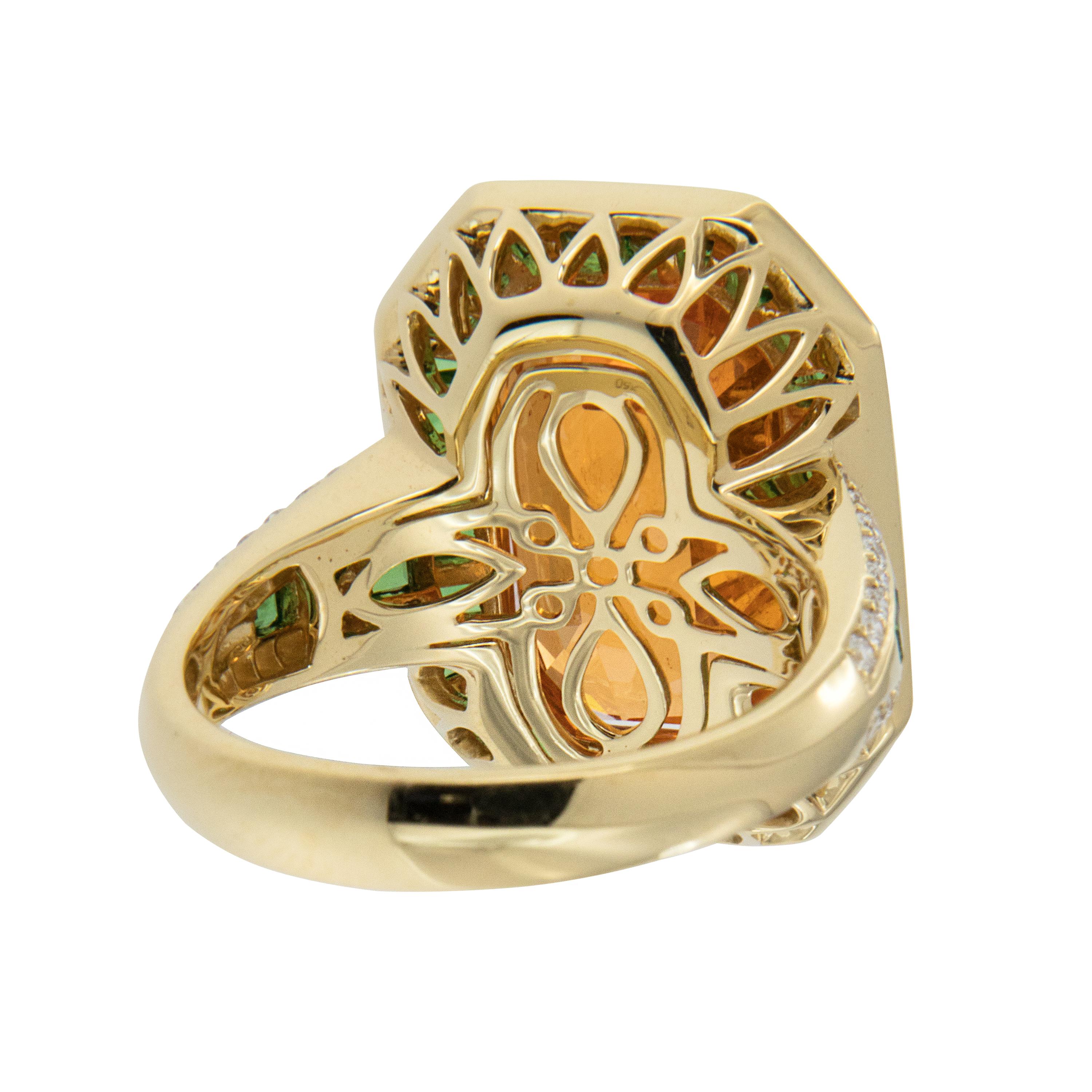 Emerald Cut AGTA Spectrum Award Entrant 18KYG Spessartine Garnet Tsavorite and Diamond Ring