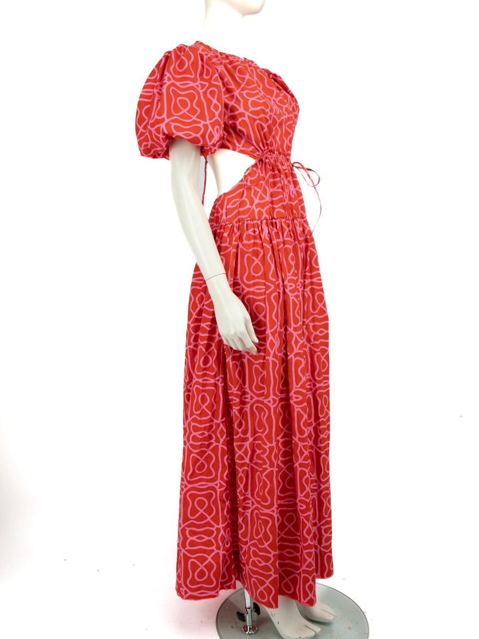 CONDITION is Never worn, with tags. No visible wear to the dress is evident on this new Agua by Agua Bendita designer resale item.
 
 Details
 
 
 Model: Samba Cut-out Back
 
 Pink 
 
 Cotton
 
 Dress
 
 Maxi 
 
 Abstract print
 
 Short sleeves
 

