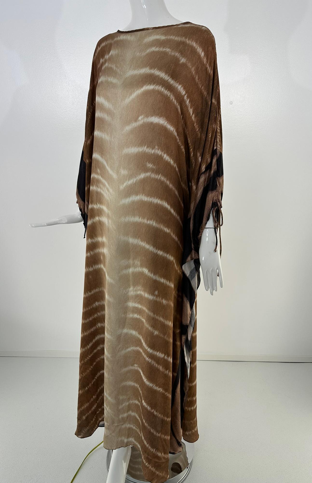 Agua de Coco Zebra Print Caftan in Brown & Cream Silk OSFM For Sale 7