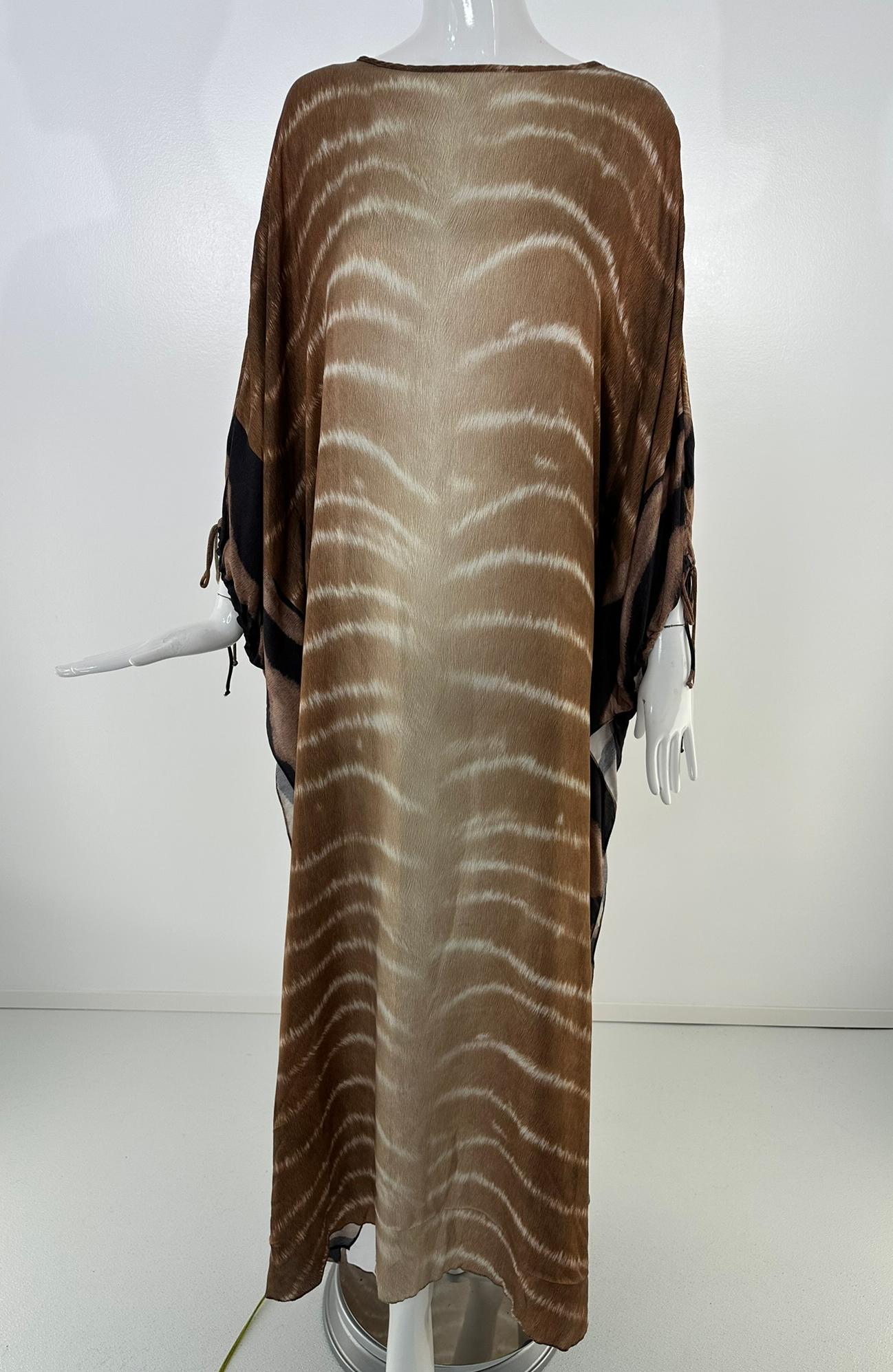 Agua de Coco Zebra Print Caftan in Brown & Cream Silk OSFM For Sale 8