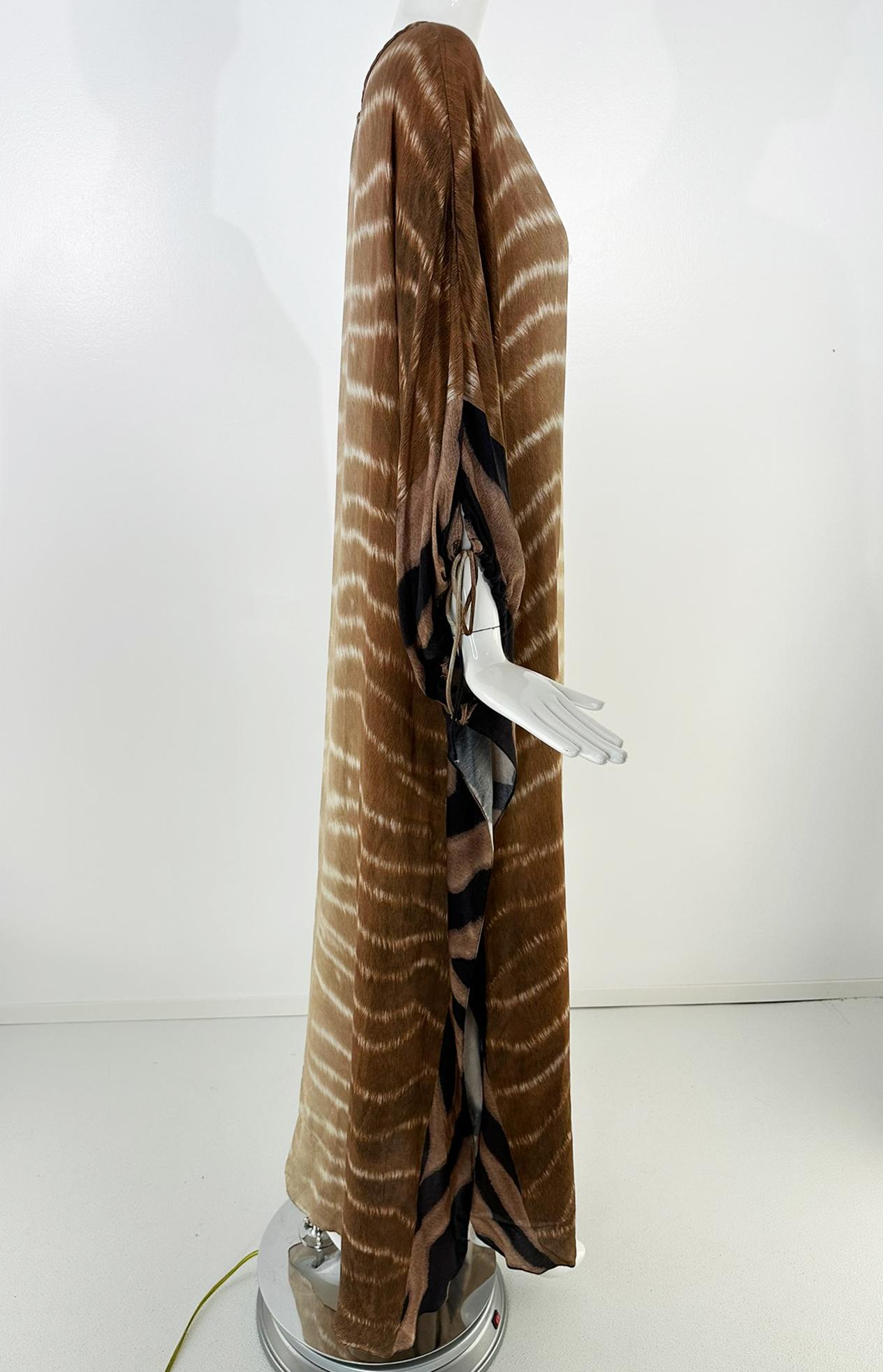 Agua de Coco Zebra Print Caftan in Brown & Cream Silk OSFM In Good Condition For Sale In West Palm Beach, FL