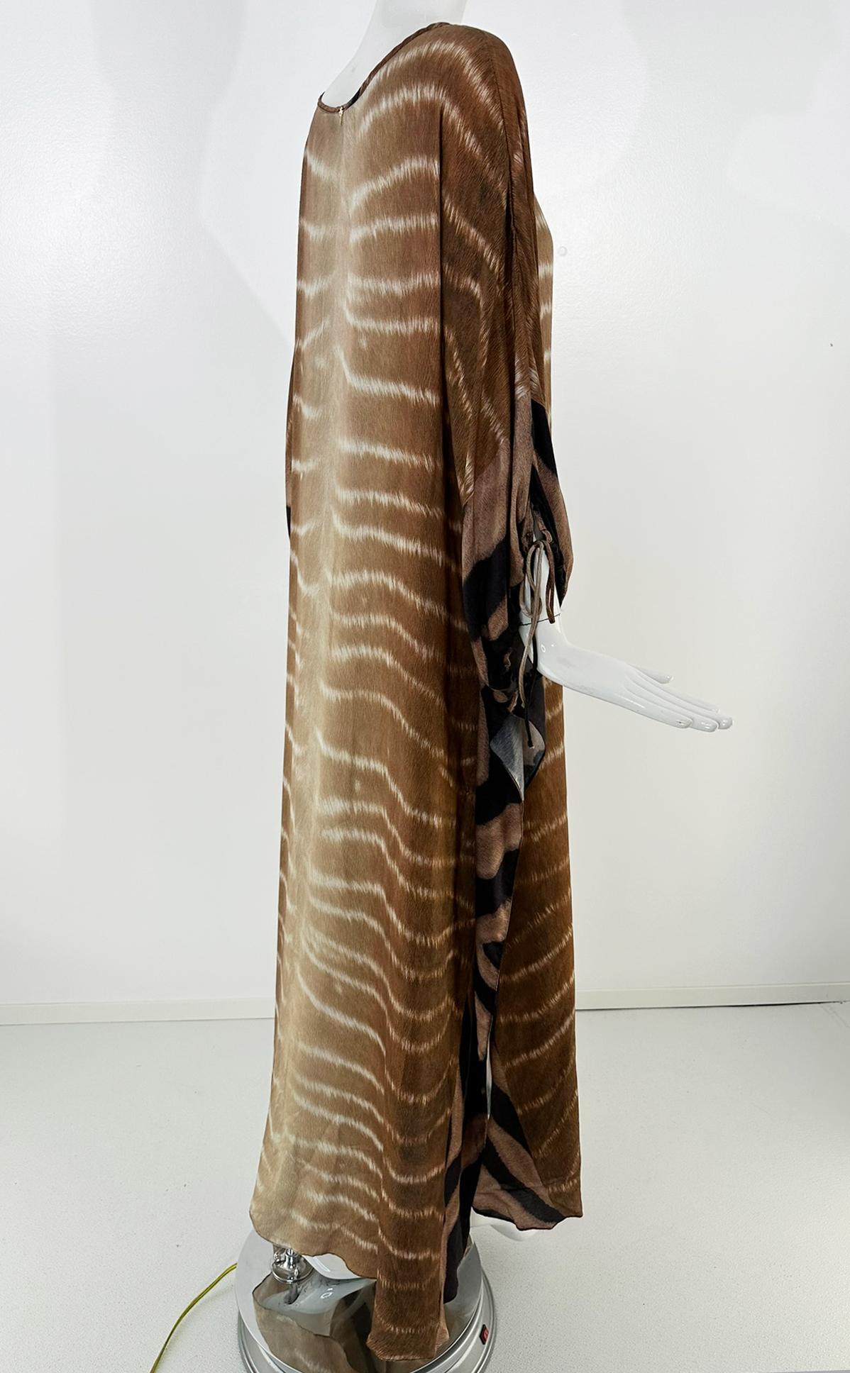 Women's Agua de Coco Zebra Print Caftan in Brown & Cream Silk OSFM For Sale