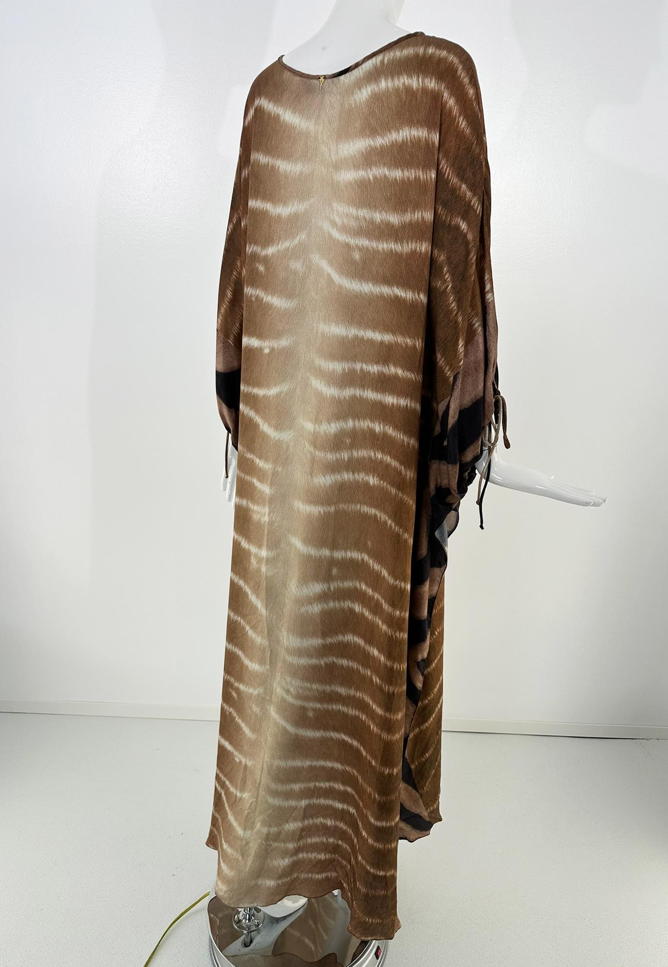 Agua de Coco Zebra Print Caftan in Brown & Cream Silk OSFM For Sale 1