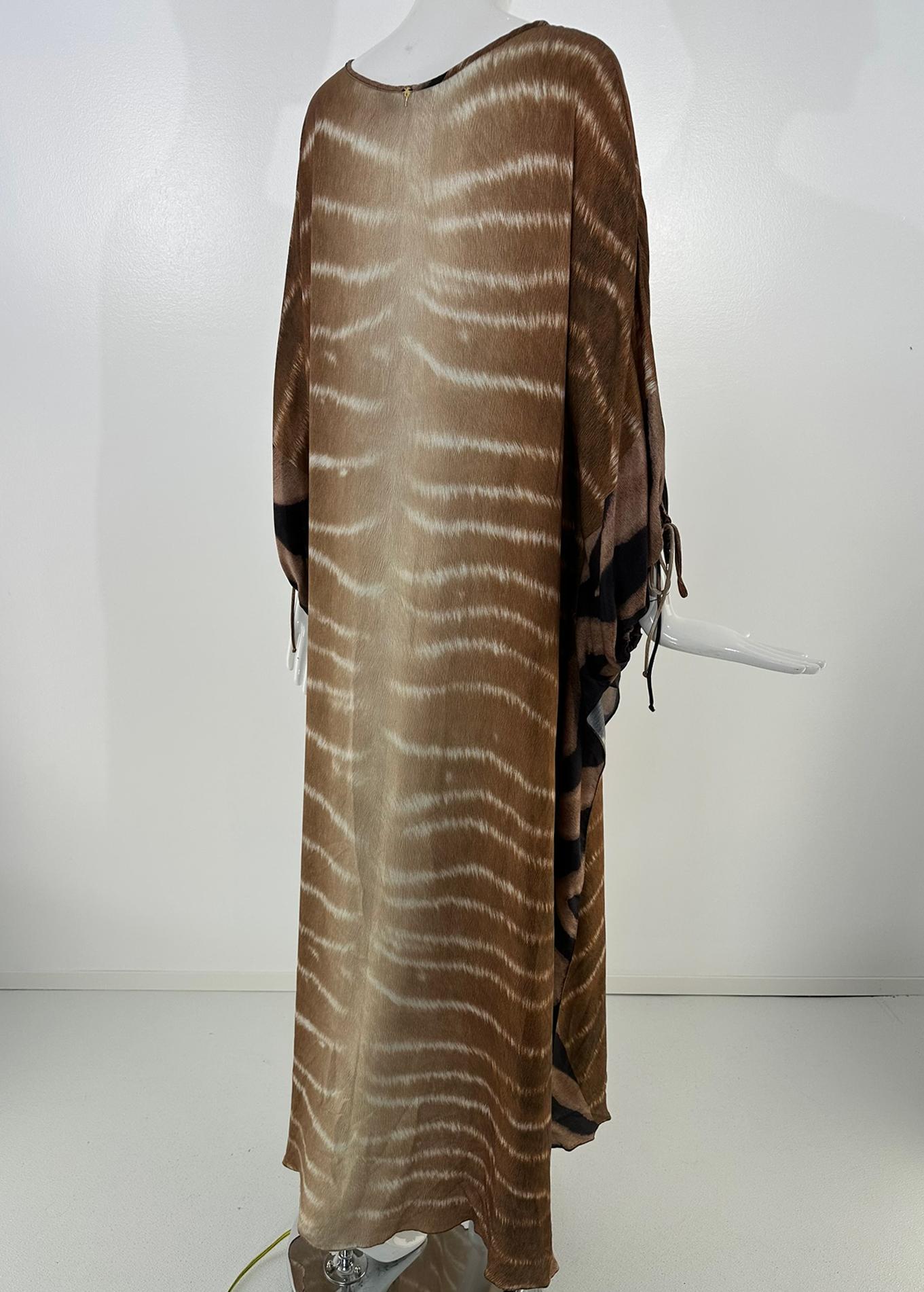 Agua de Coco Zebra Print Caftan in Brown & Cream Silk OSFM For Sale 2