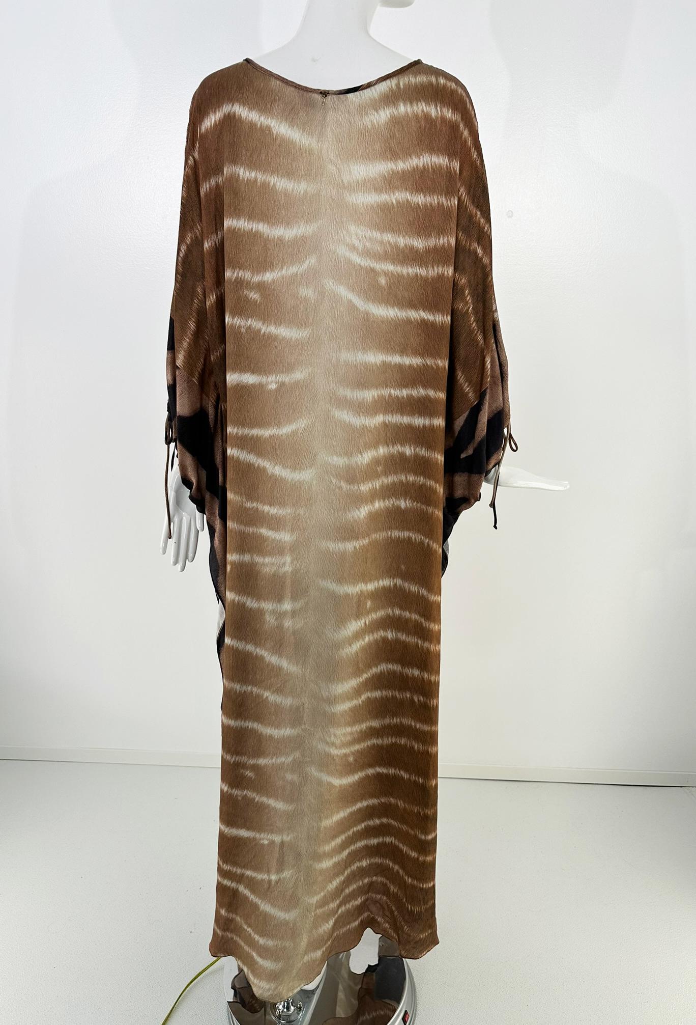 Agua de Coco Zebra Print Caftan in Brown & Cream Silk OSFM For Sale 3