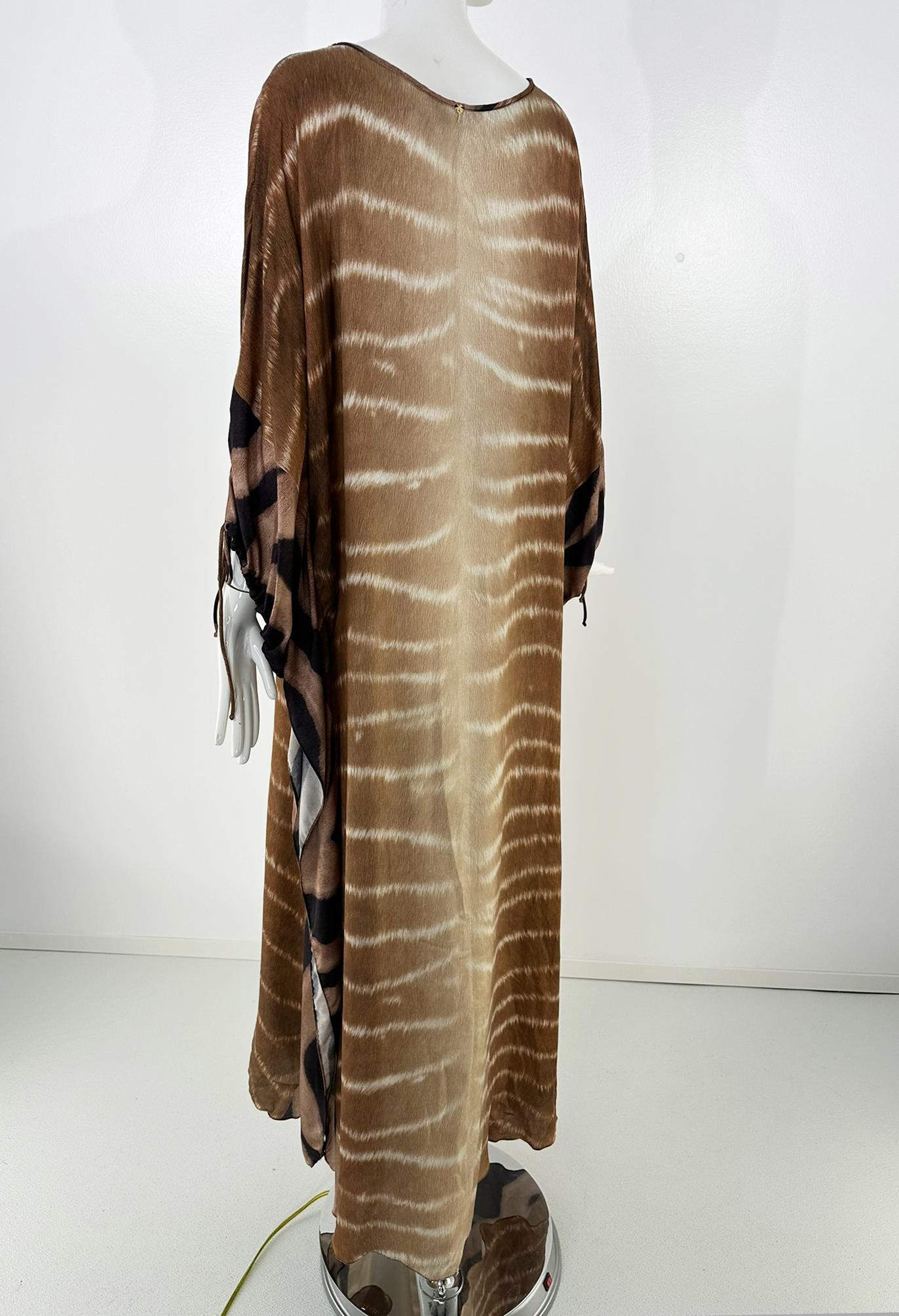 Agua de Coco Zebra Print Caftan in Brown & Cream Silk OSFM For Sale 4