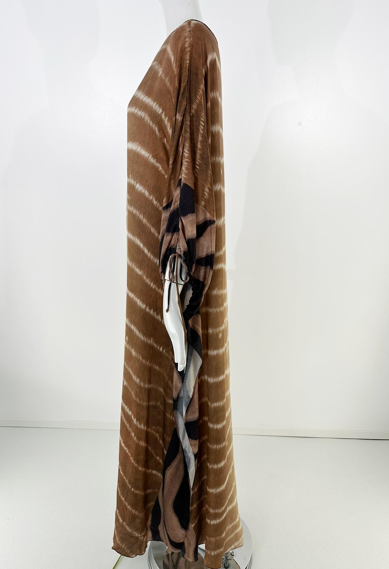 Agua de Coco Zebra Print Caftan in Brown & Cream Silk OSFM For Sale 5