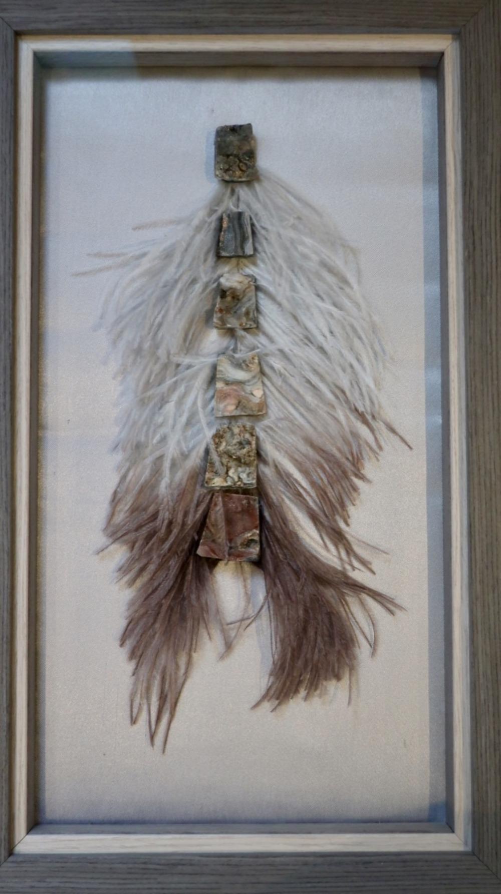 Ostrich feather embroidery with rough agate stones.