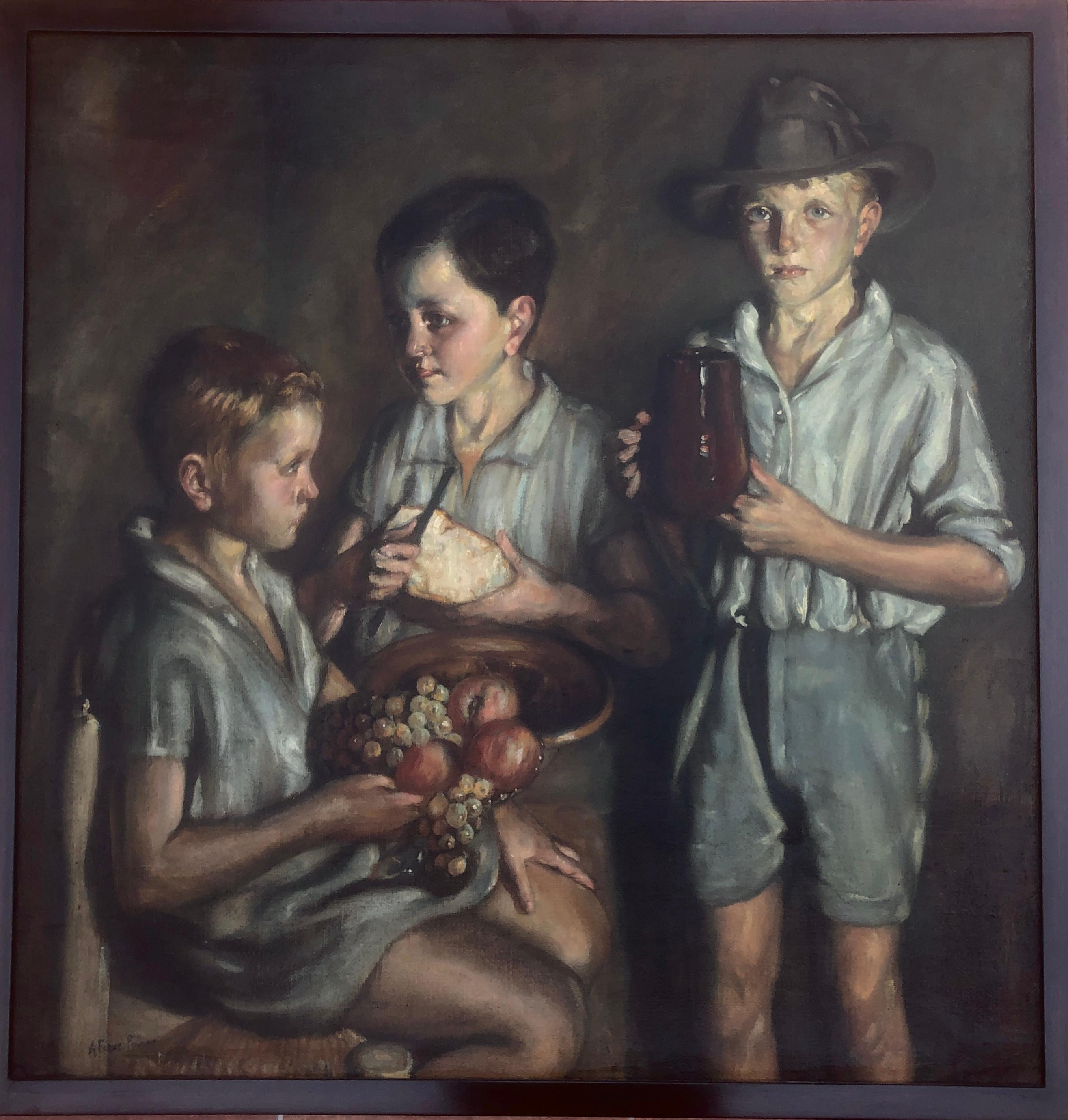 Dipinto spagnolo del dopoguerra con bambini, olio su tela di iuta - Painting di Agusti Ferre Pino