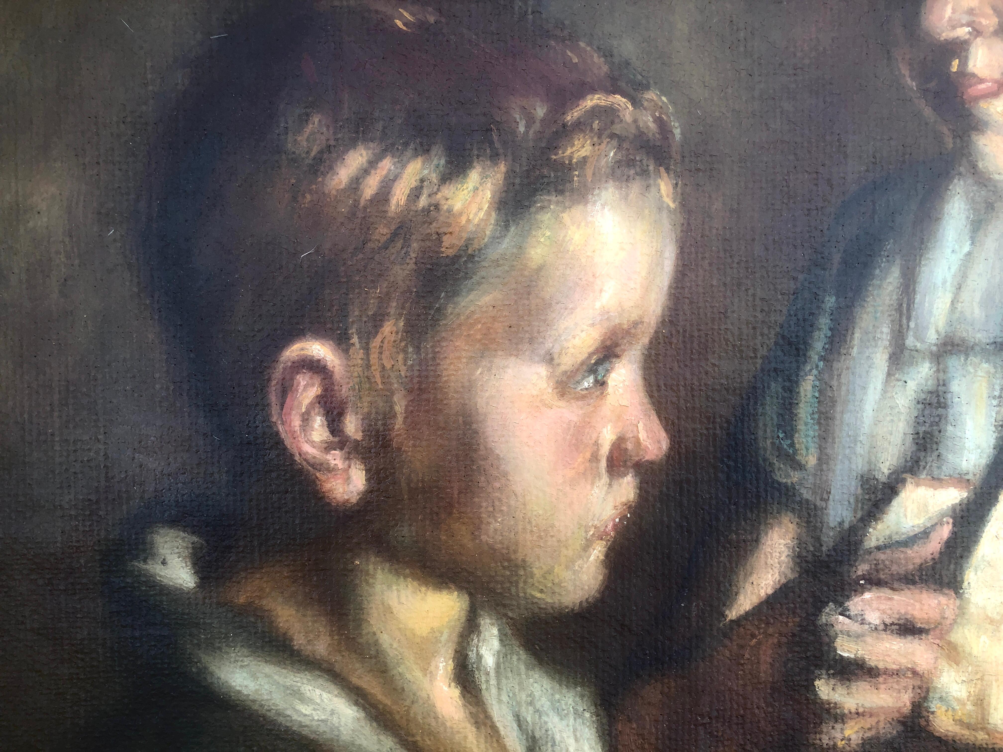 Dipinto spagnolo del dopoguerra con bambini, olio su tela di iuta - Figurative Painting Nero di Agusti Ferre Pino