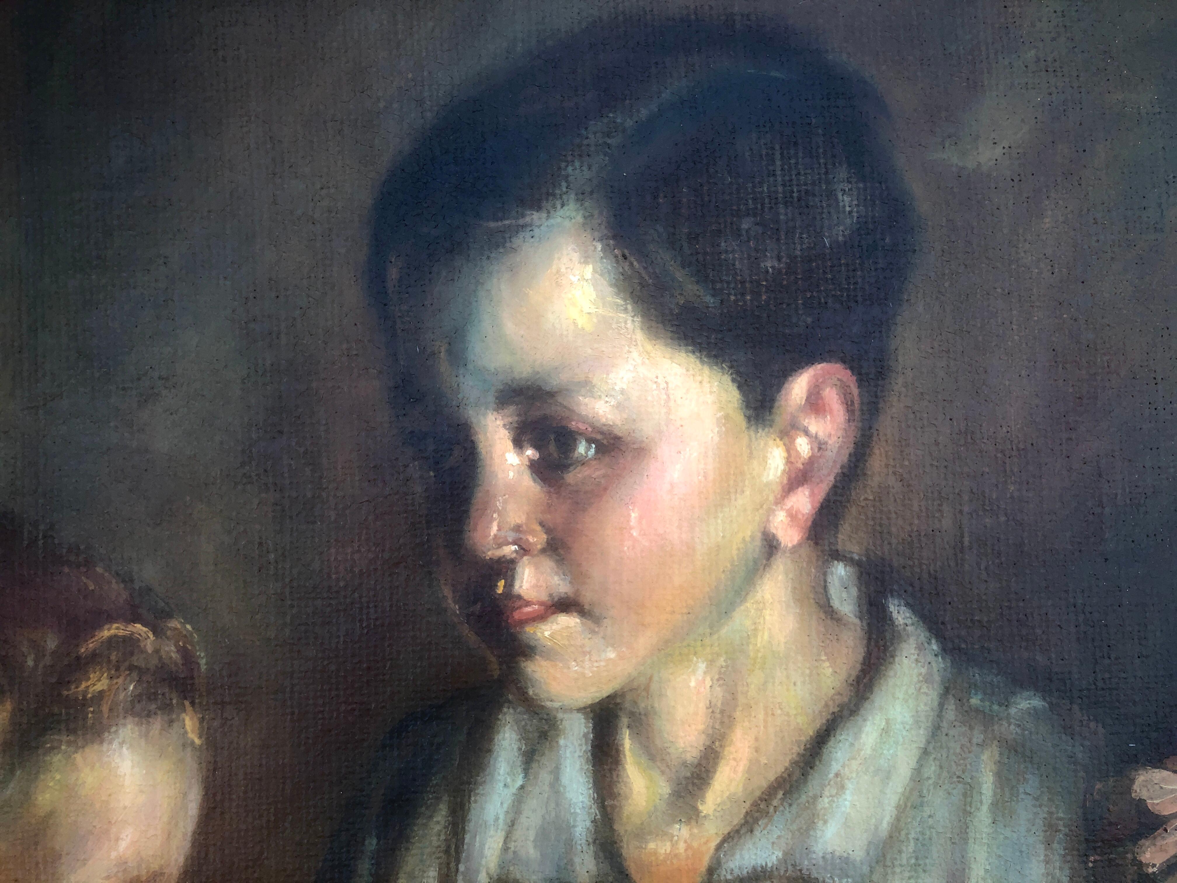 Spanish postwar children oil on burlap painting For Sale 1