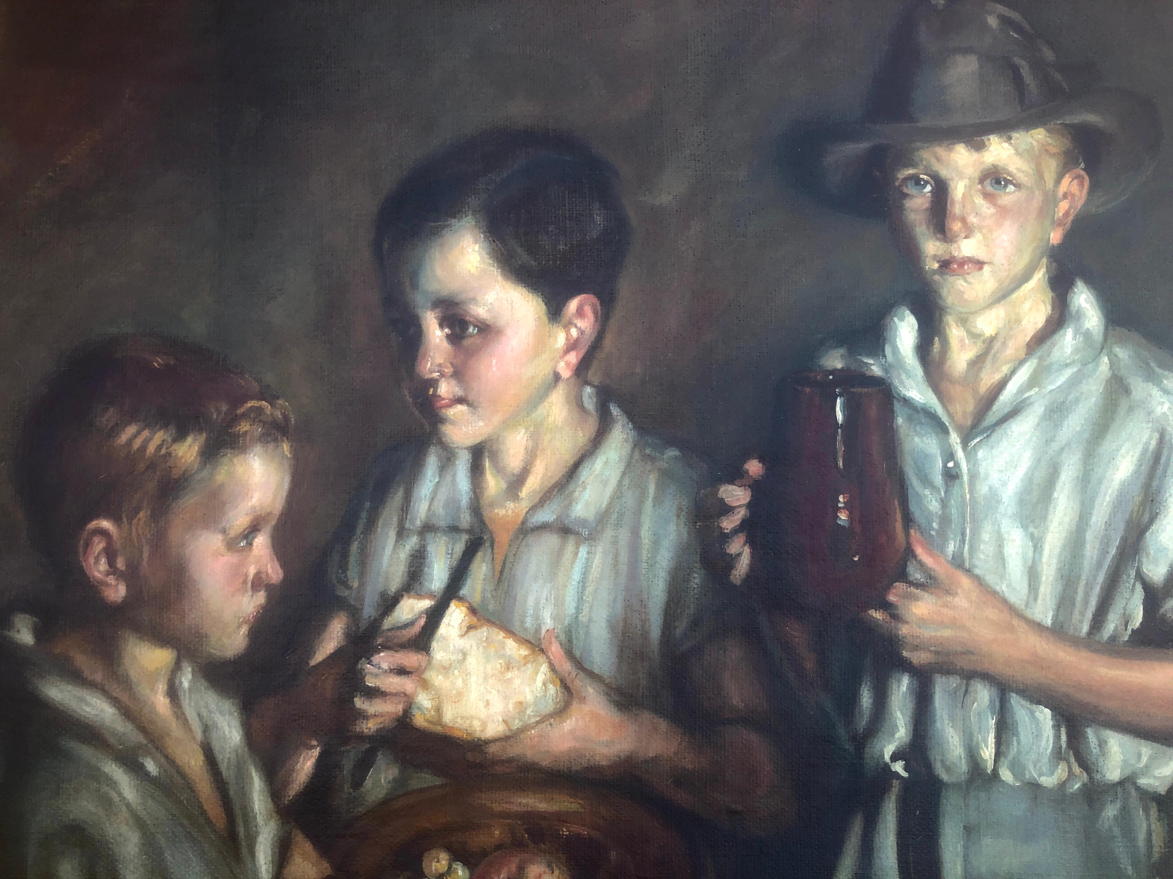 Spanish postwar children oil on burlap painting For Sale 3