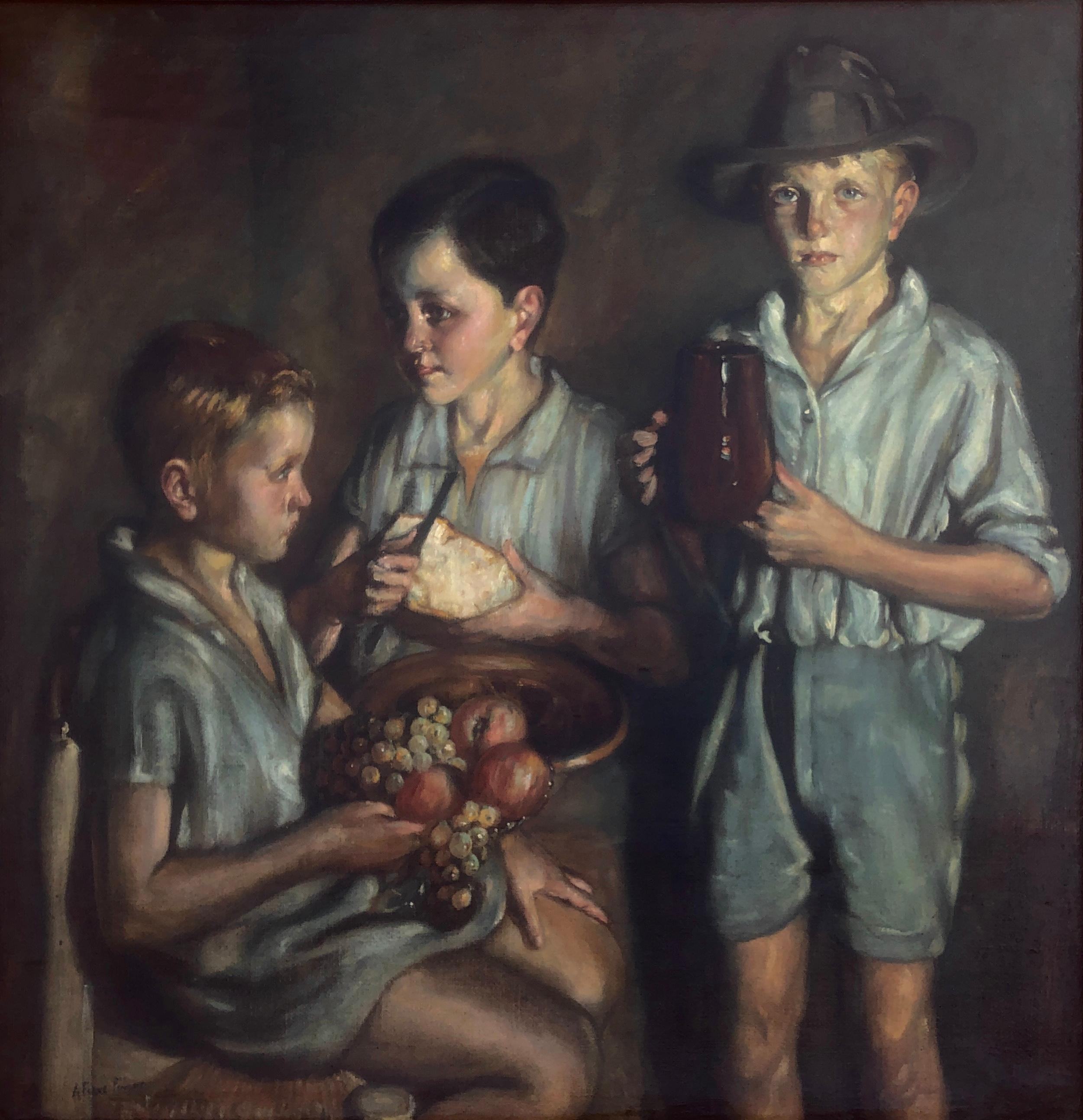 Spanish postwar children oil on burlap painting
