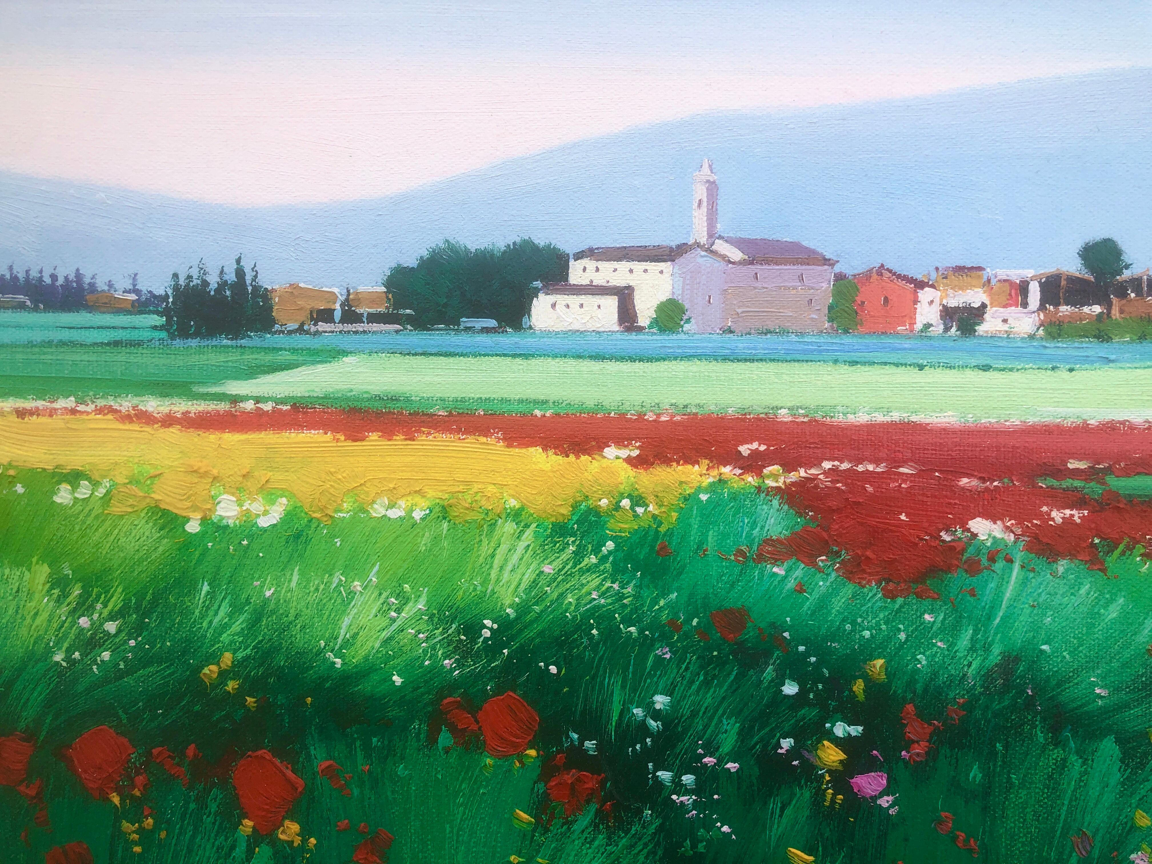 Flowery landscape oil on canvas painting Spain spanish town For Sale 3