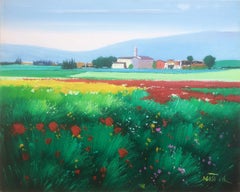 Peinture à l'huile sur toile - Paysage fleuri - Espagne ville espagnole