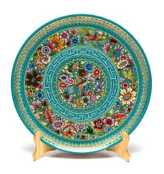 Plato Azul-Verde Perfilado en Oro / Wood carving Lacquer Mexican Folk Art