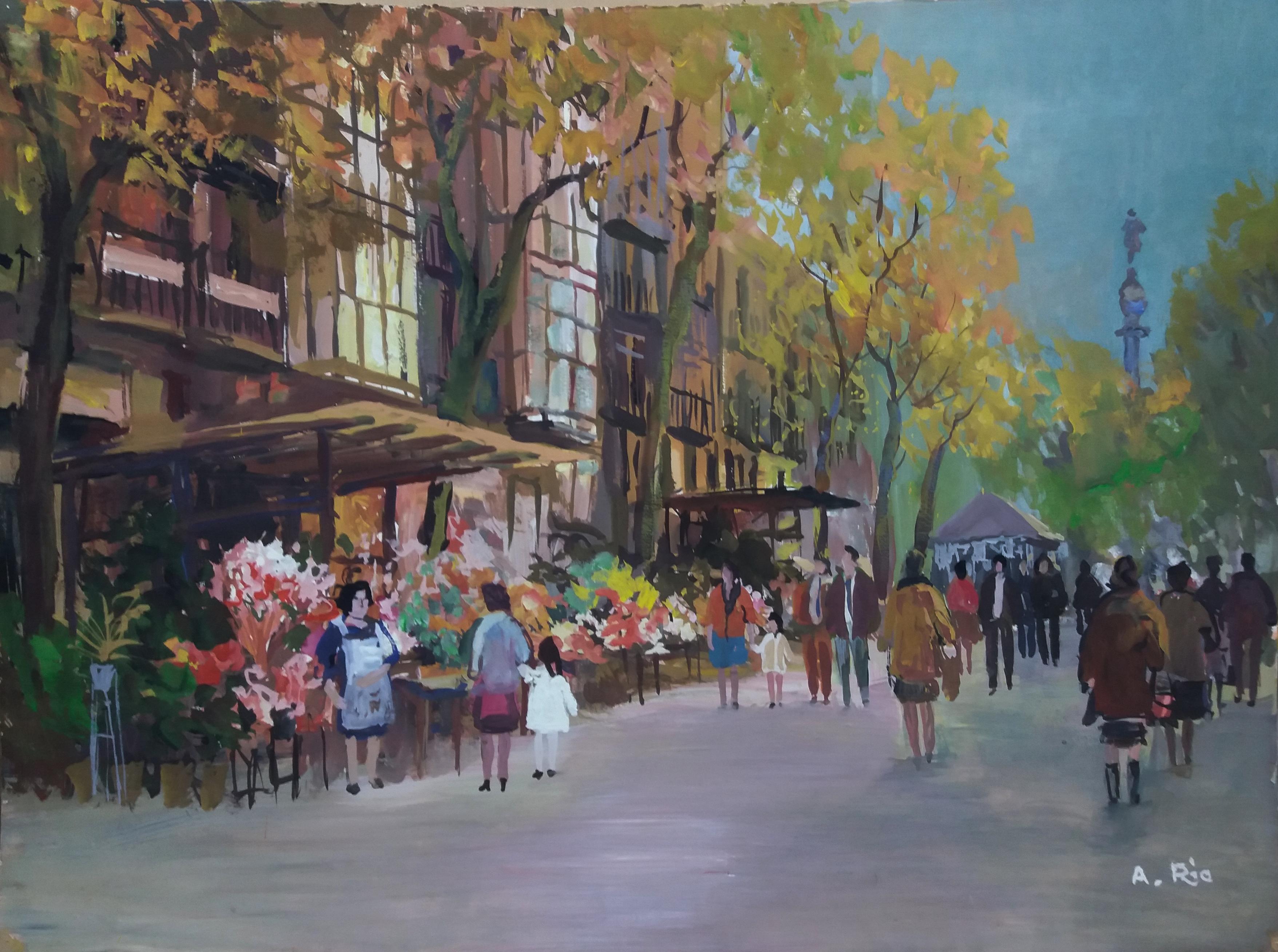 Barcellona .15 Pittura originale su carta a guazzo - Figurative Painting Nero di Agustin Rio