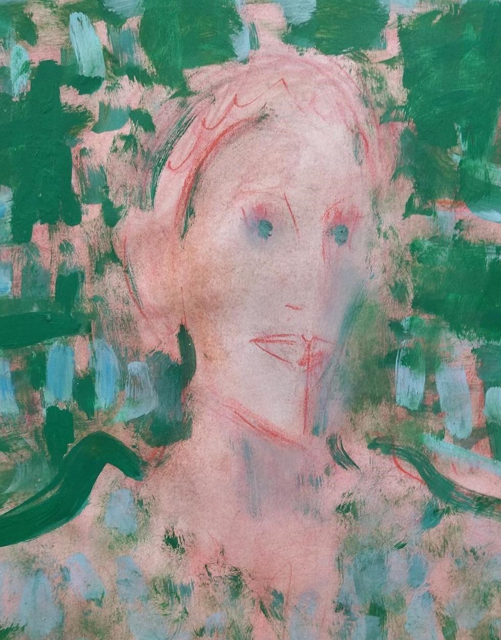 Donas 2.Pittura su carta con pastelli originali - Figurative Painting Nero di Agustin Rio