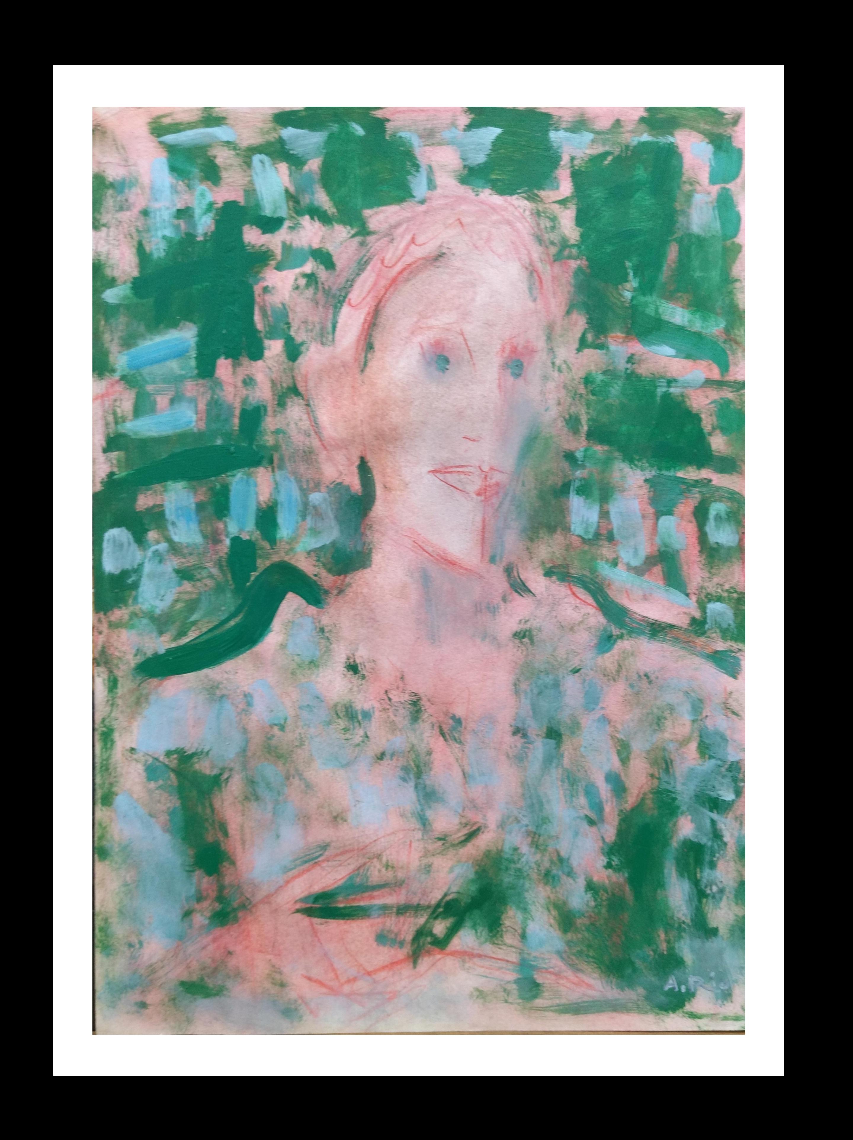 Figurative Painting de Agustin Rio - Donas 2.Pintura original en papel con lápices de colores