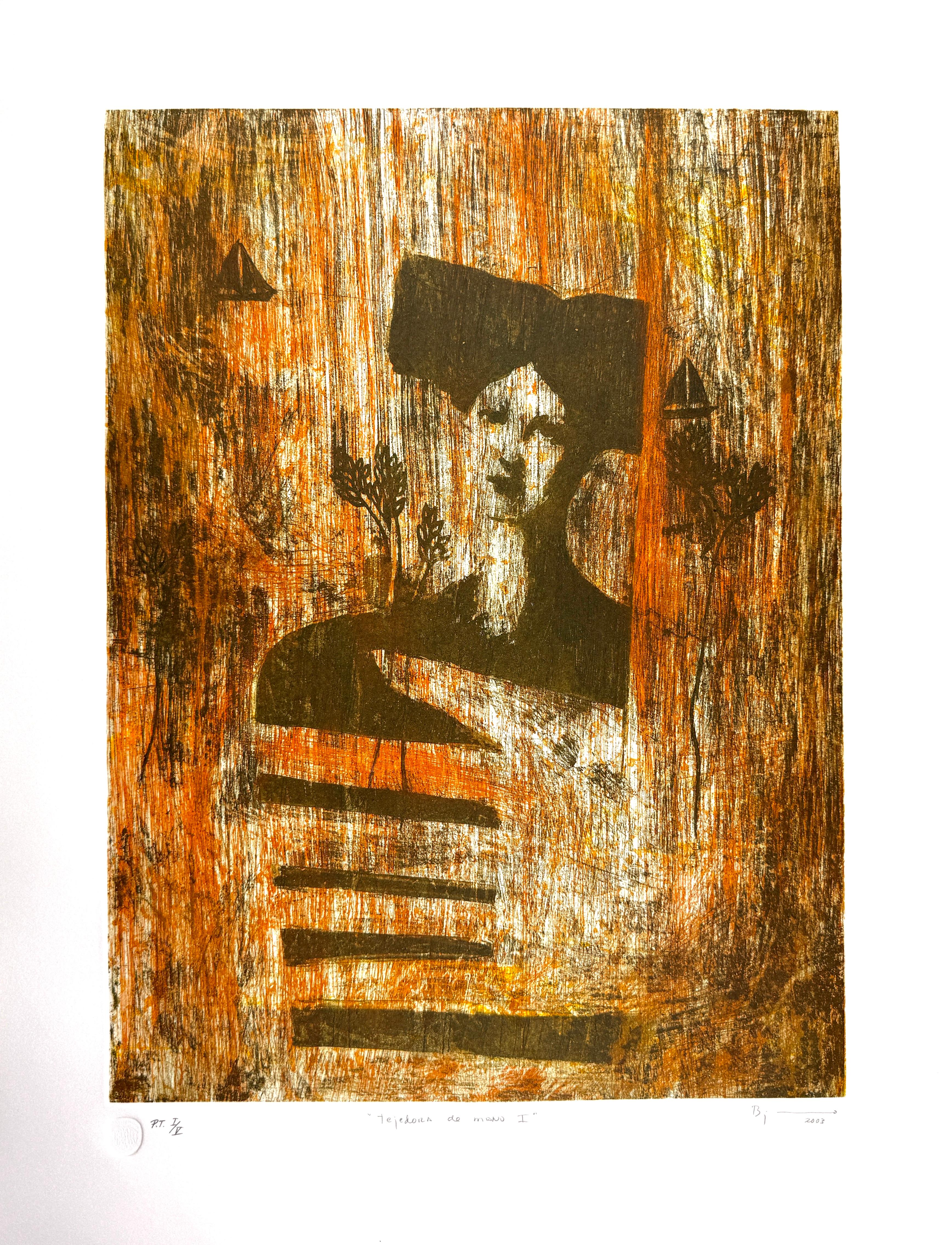 "Tejedoras a mano I" 2003 grabado original firmado a mano edición limitada 30x23in