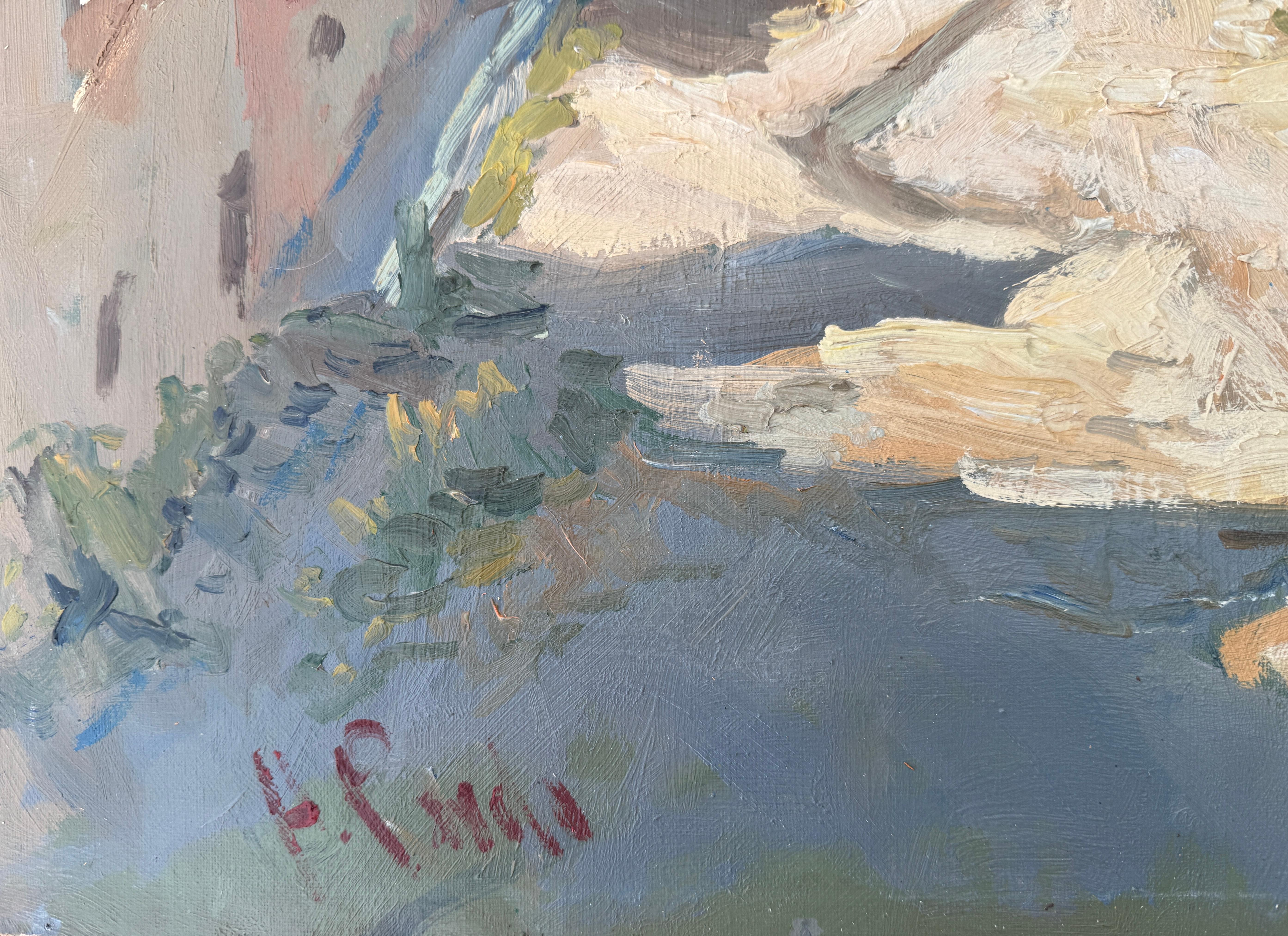 View of a Neighborhood and Hills oil on canvas Spain – Painting von Agustín Pardo de Santayana González