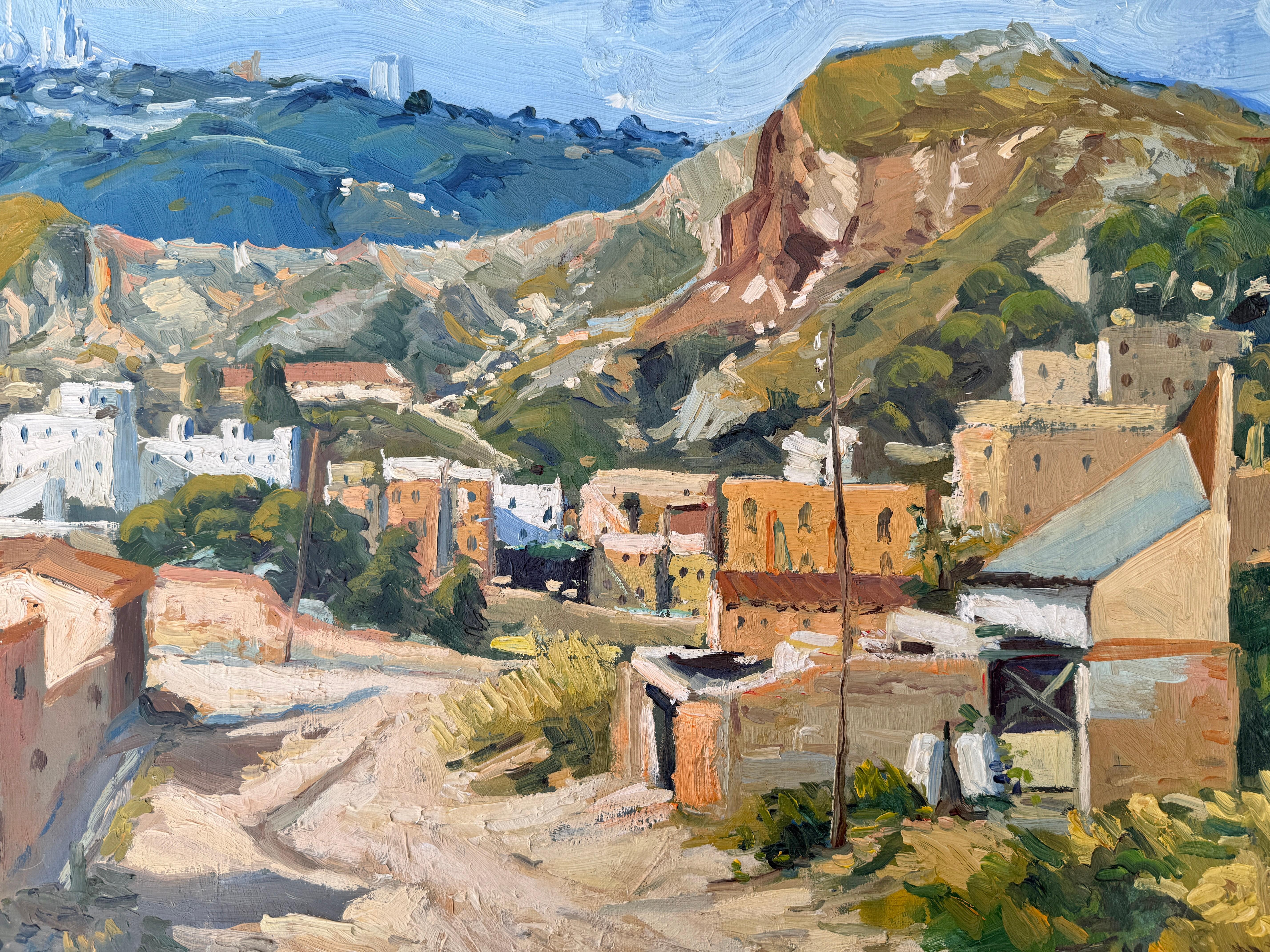 View of a Neighborhood and Hills oil on canvas Spain im Angebot 2