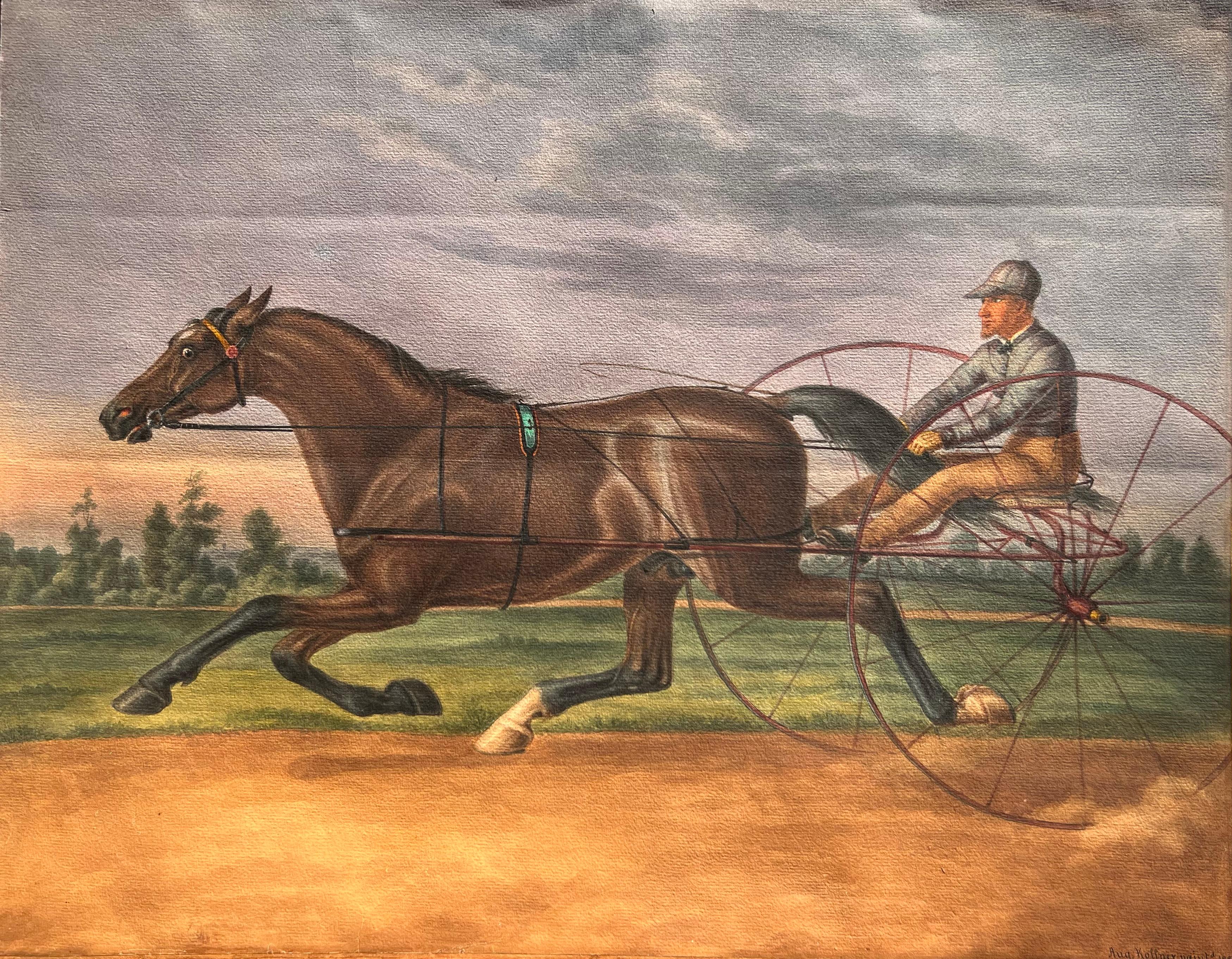 Harness Racer at Belmont Park 1884, Philadelphie - Artisanat Painting par Agustus Kollner