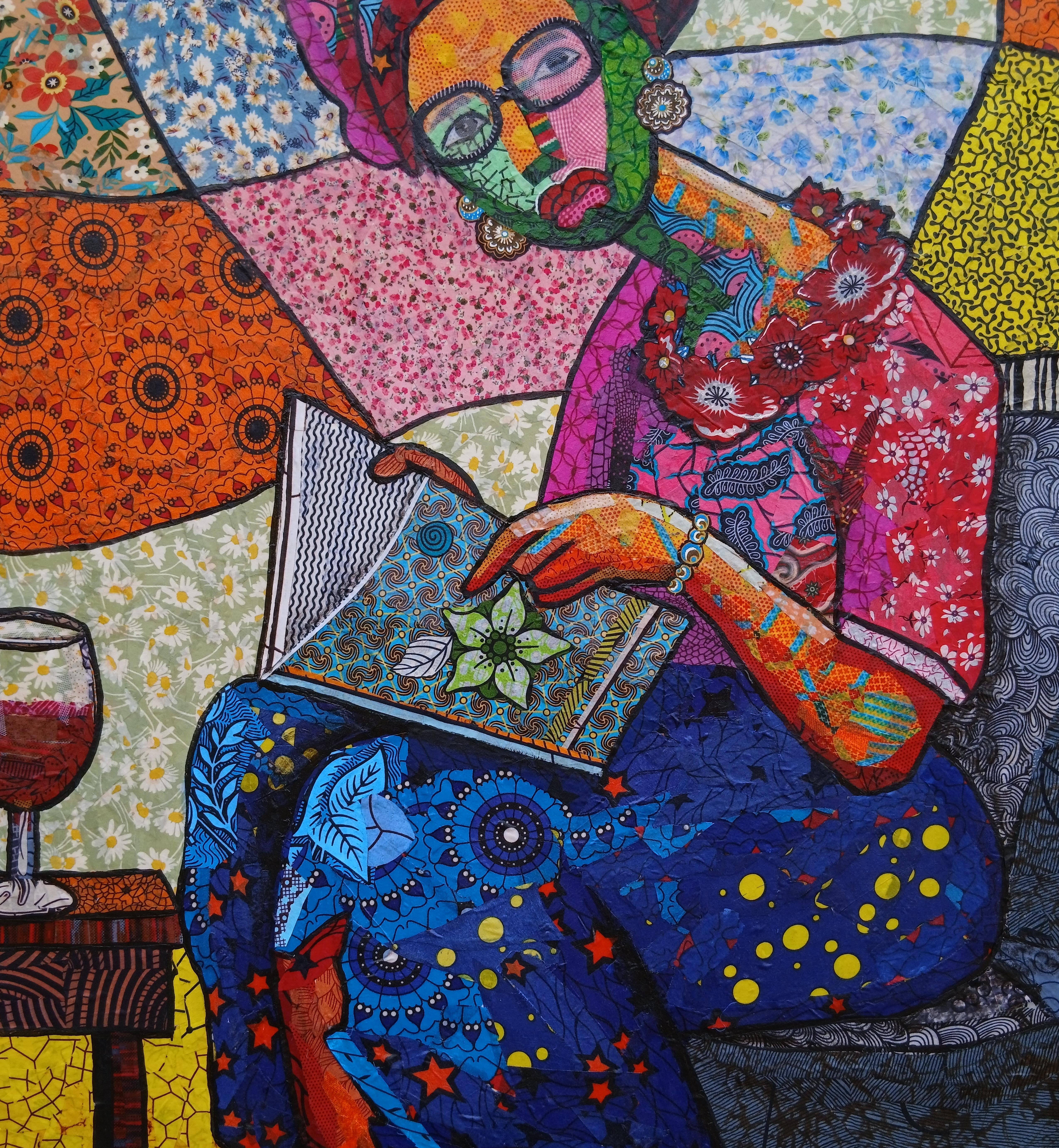 This mixed media collage painting celebrates the quiet beauty of being fully immersed in a story. The figure, adorned in vibrant textiles, sits gracefully with a book in hand, her world expanding beyond the patterned walls that surround her. Each