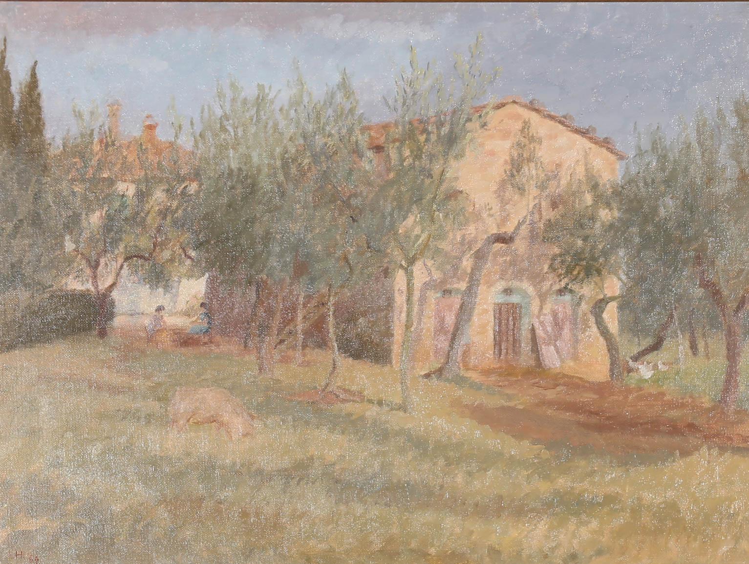 A.H - Framed 1964 Oil, Pig in the Olive Grove - Painting by A.H.