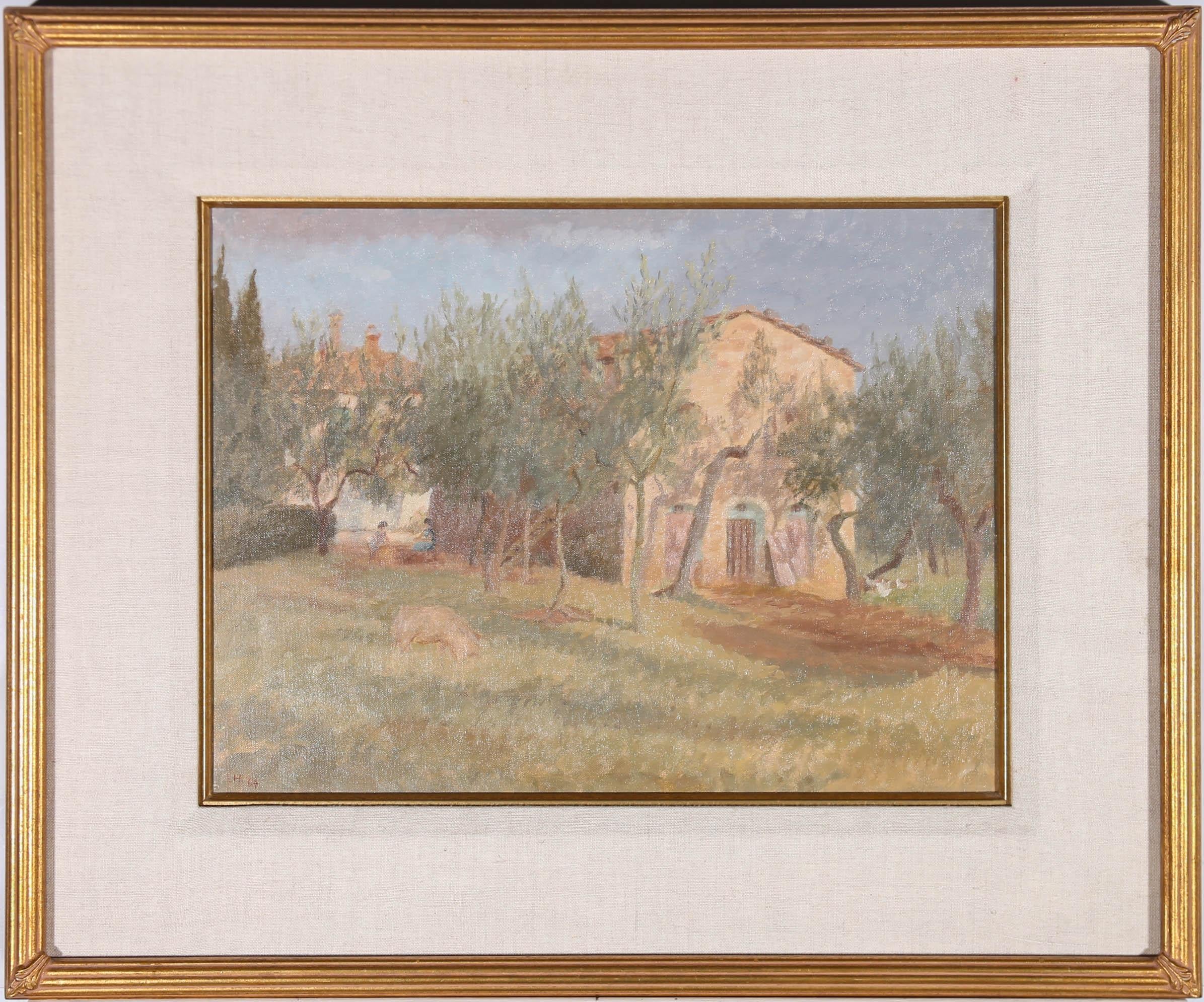 A.H. Landscape Painting - A.H - Framed 1964 Oil, Pig in the Olive Grove