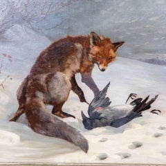 A.H. Mackeprang – Fox with Prey in Winter Landscape, Oil on Canvas
