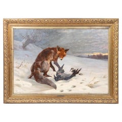 A.H. Mackeprang – Fox with Prey in Winter Landscape, Oil on Canvas
