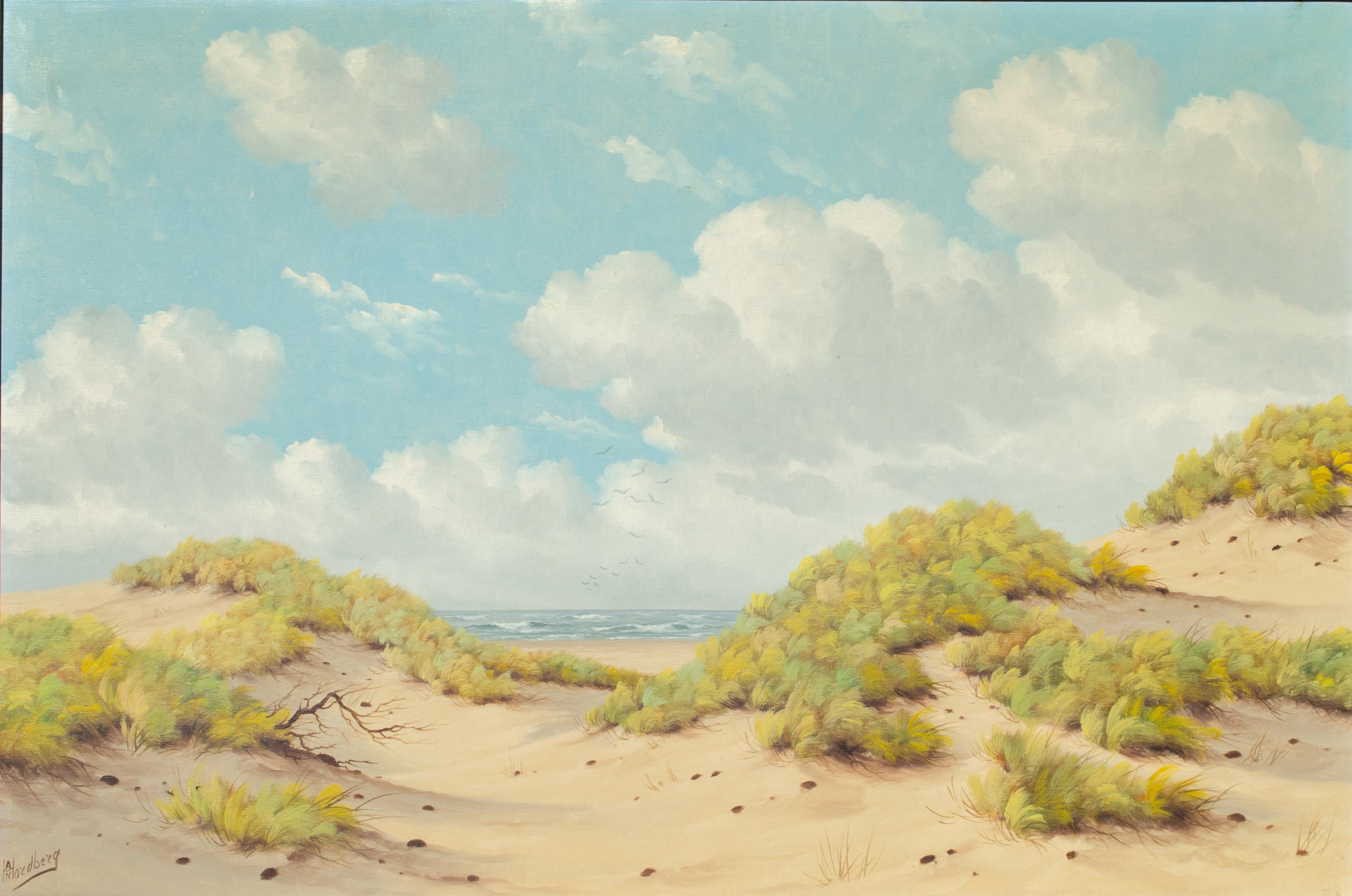 Beautiful Seascape and Sand Dune Painting by A.H. Nordberg For Sale 1