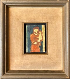 Modernist Israeli Miniature Oil Painting Mother and Child Kibbutz Artist