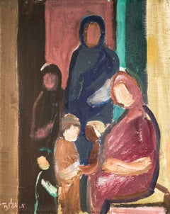 Mother and Children, Modernist Israeli Oil Painting