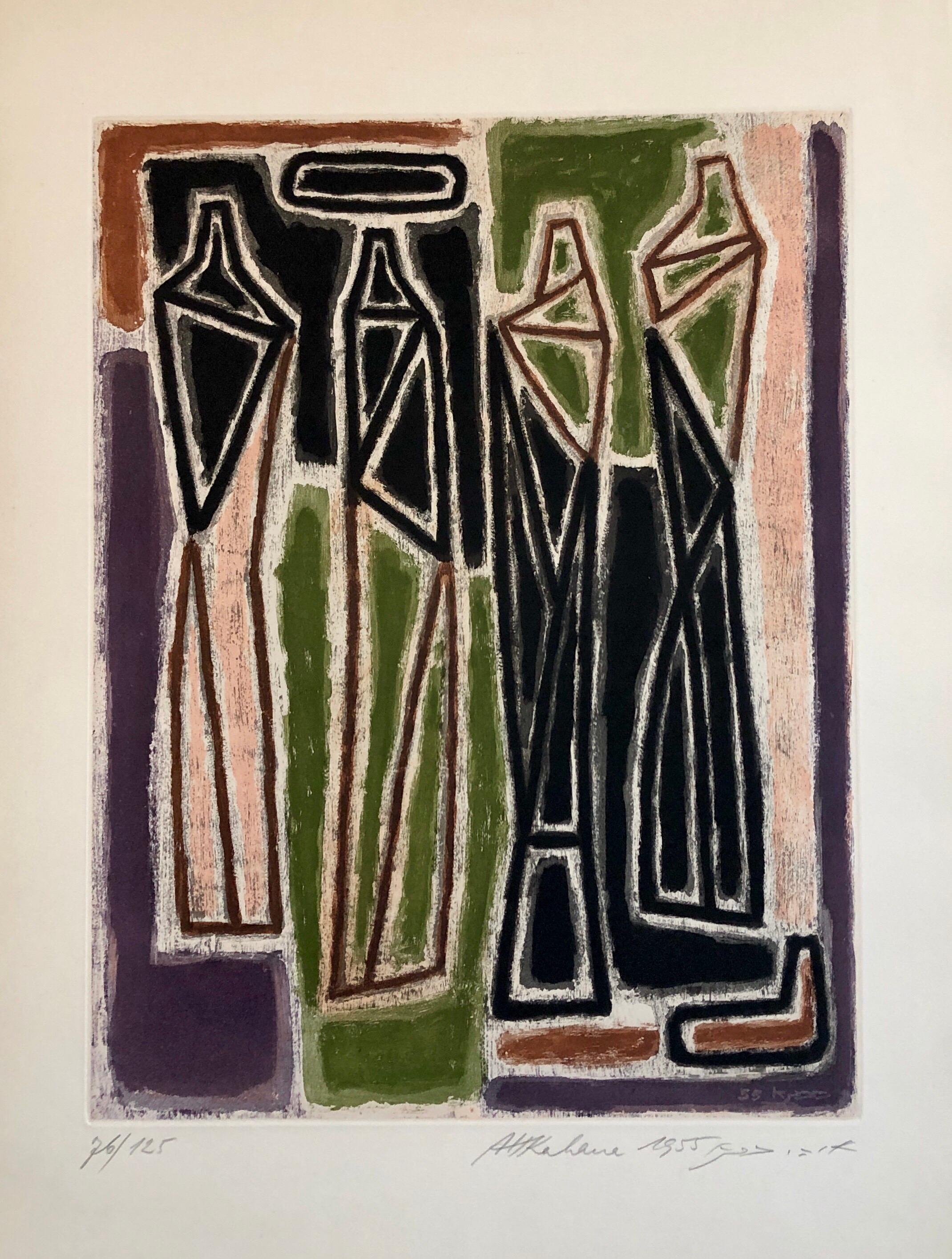 Abstract color composition, 1959 aquatint lithograph "the Master and his Pupils".
This was from a portfolio which included works by Yosl Bergner, Menashe Kadishman, Yosef Zaritsky, Aharon Kahana, Jacob Wexler, Moshe Tamir and Michael Gross.

Aharon