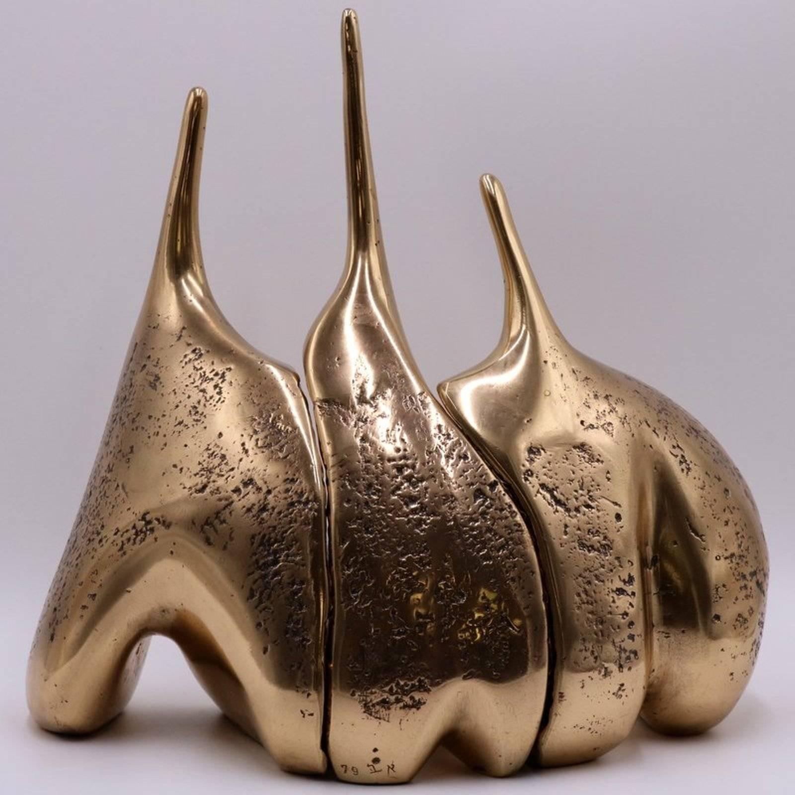 Raro conjunto escultórico de bronce modernista dorado israelí de Aharon Bezalel