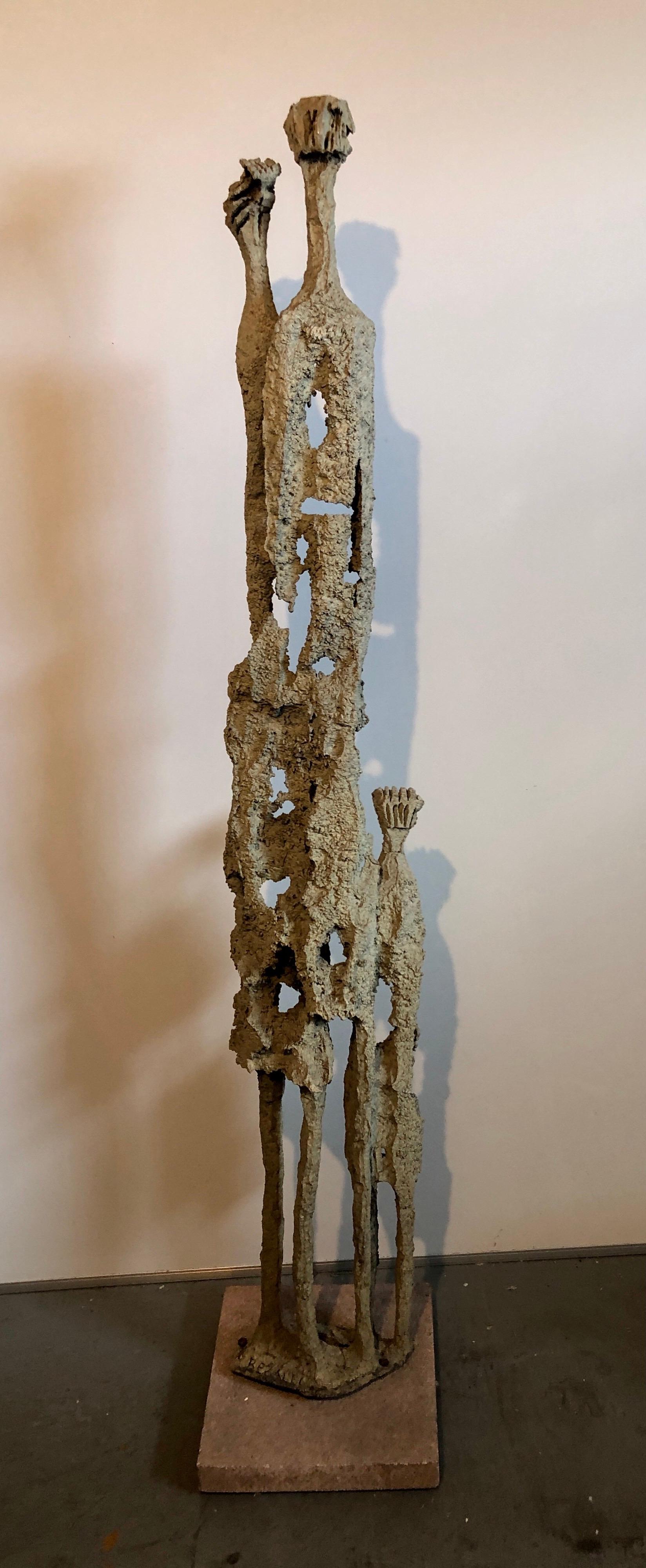 Monumental, Unique Aharon Bezalel (Israel 1925-2012) Silvered Metal Sculpture. (I assume it is bronze but am not positive of the composition)  Measurements - 63.5 inches high x 12 wide x 12 deep. It is signed at the metal base.
Depicting a family