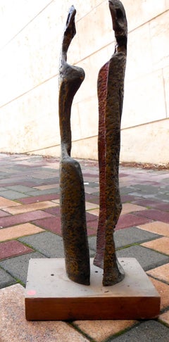 Israeli Abstract Figures Art Brut Polychromed Bronze Sculpture Aharon Bezalel