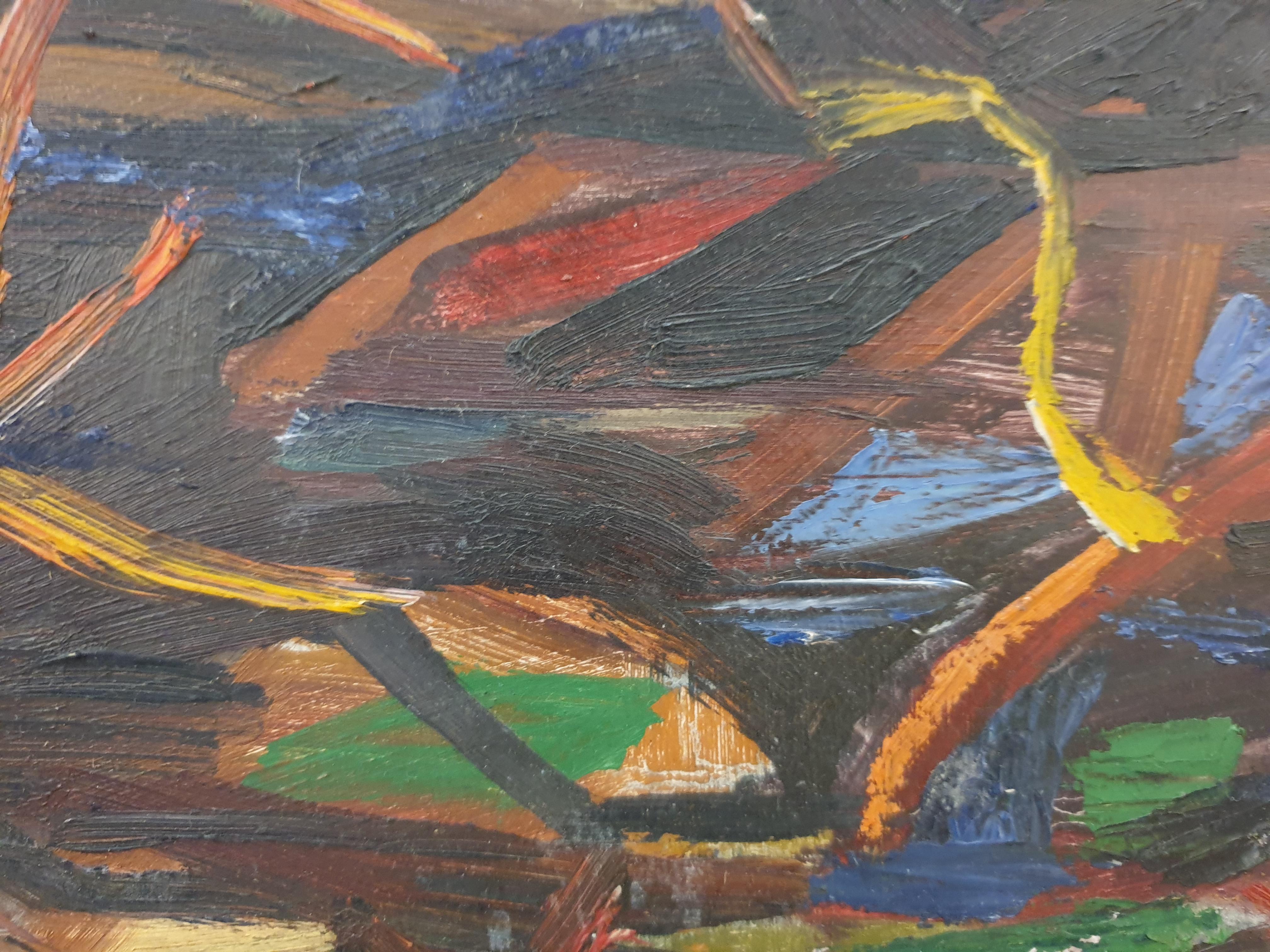 Öl auf Karton des Künstlers Ahlan Achoy aus der Mitte des 20. Jahrhunderts, signiert unten links.

Ahlan Achoy war bekannt für seine figurative Kunst und seine Porträts, die oft im kubistischen Stil gehalten sind. Dieses farbenfrohe abstrakte