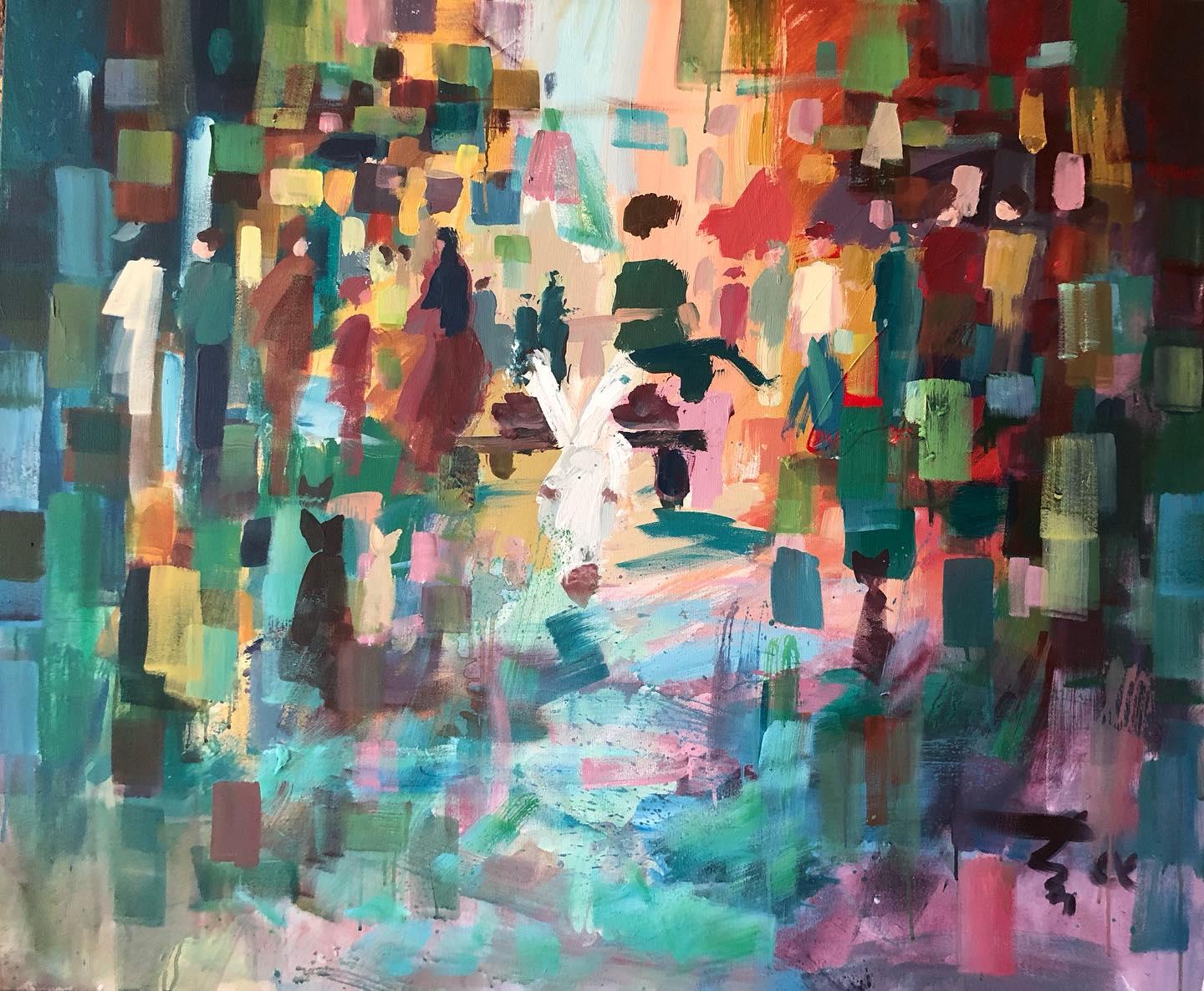 « A Walk of Life 2 », peinture abstraite de 39" x 47" pouces par Ahmed Dafrawy 