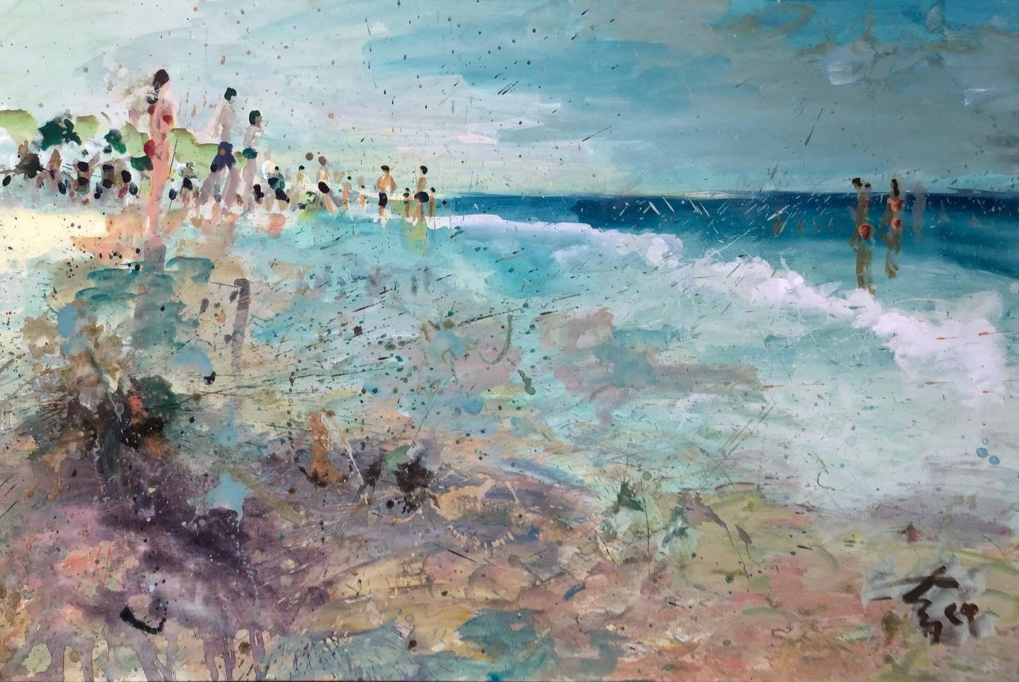 Abstraktes Gemälde „Beach Season“ 39" x 59" Zoll von Ahmed Dafrawy 