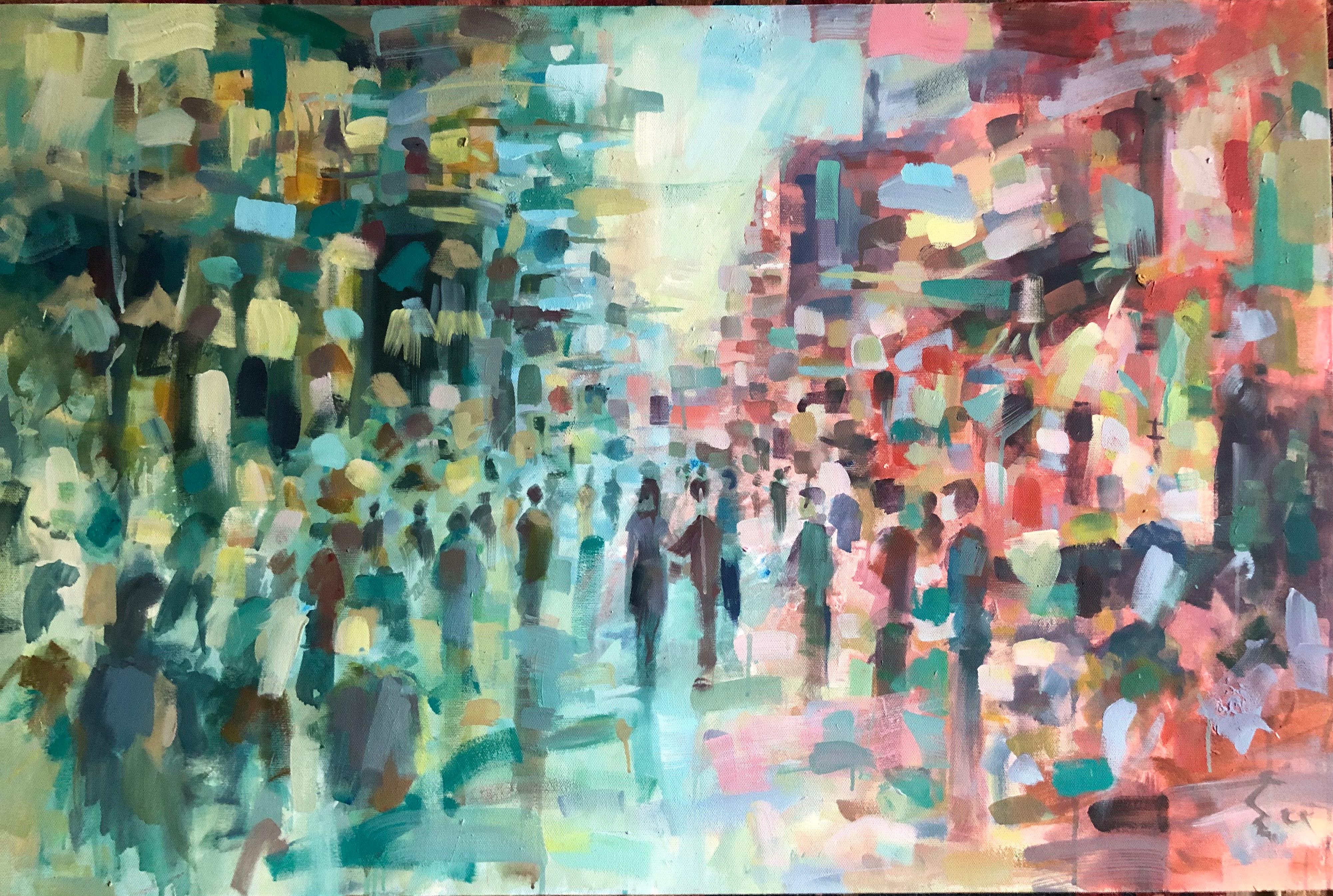 „El Moez Street 2“ Abstraktes Gemälde 31,5" x 47" Zoll von Ahmed Dafrawy 

Dafrawys akademischer Werdegang im Bereich der bildenden Künste begann 2014, als er das Zertifikat für den Abschluss des Zeichenkurses an der Fakultät für Kunst und Bildung