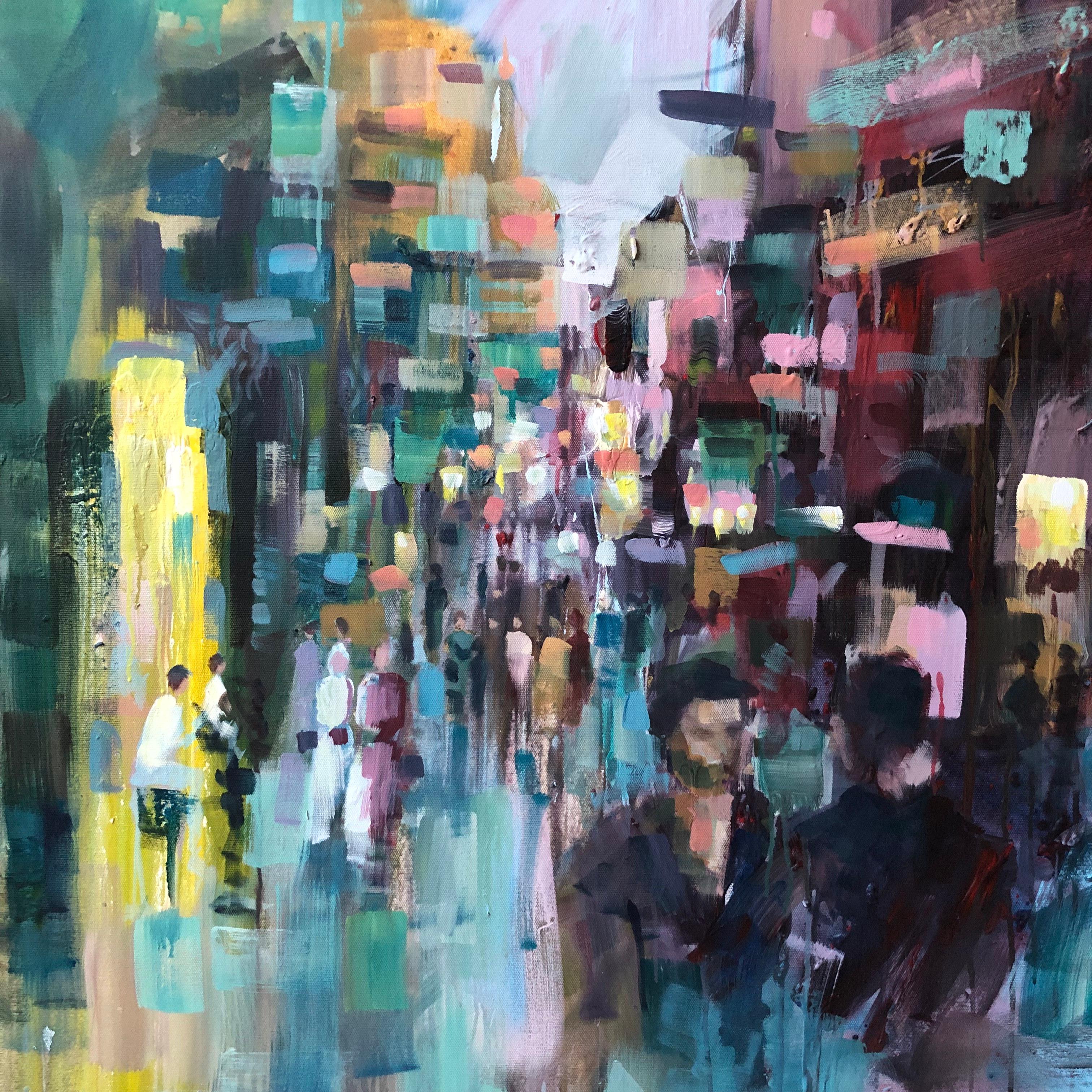 Abstraktes Gemälde „El Moez Street“ 39" x 39" Zoll von Ahmed Dafrawy 